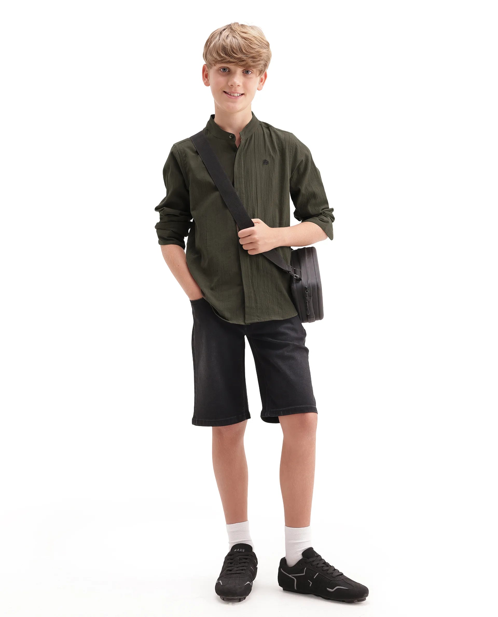 Rare Ones Kids Clin Olive Cotton Fabric Button Closure Regular Fit Shirt