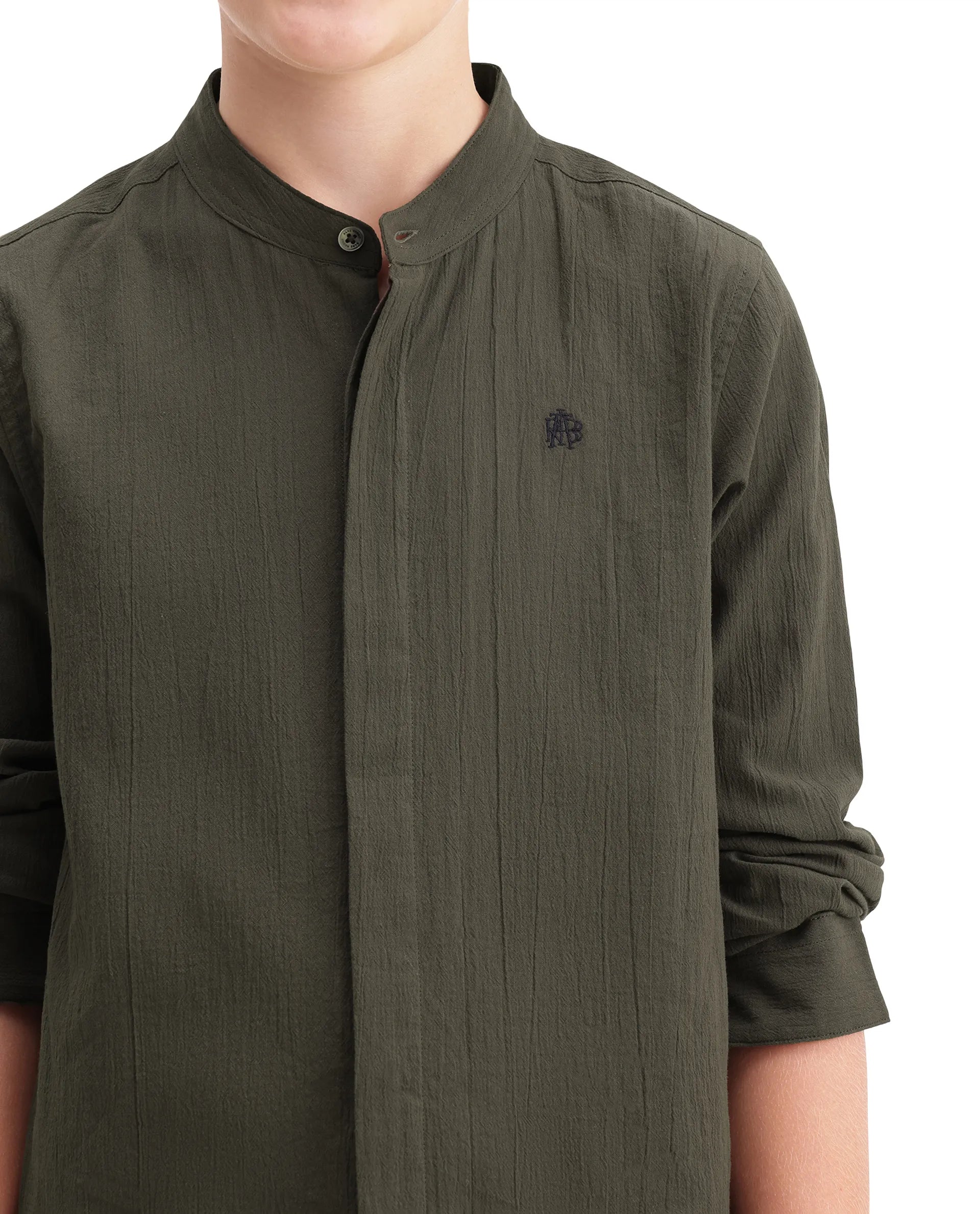 Rare Ones Kids Clin Olive Cotton Fabric Button Closure Regular Fit Shirt