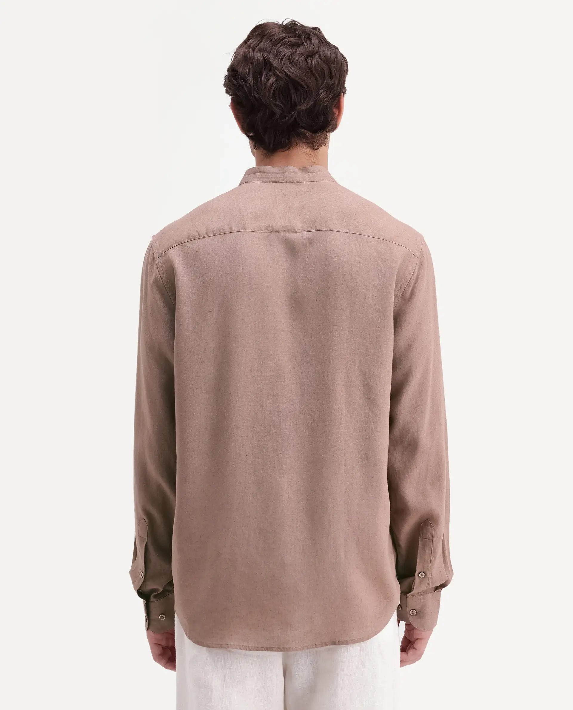 Rare Rabbit Men's Throne-Aw26 Light Brown Linen Blend Mandarin Collar Regular Plain Shirt
