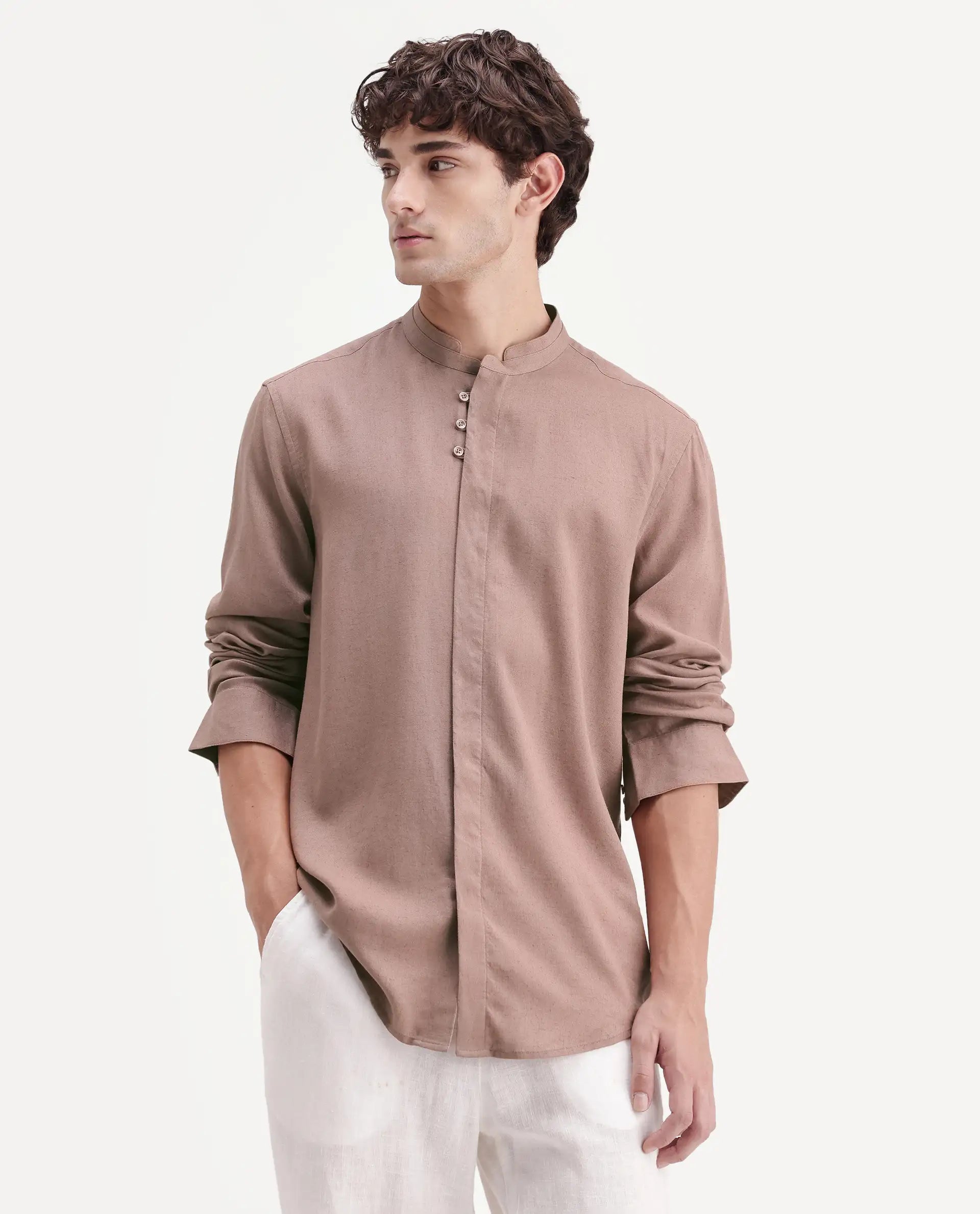 Rare Rabbit Men's Throne-Aw26 Light Brown Linen Blend Mandarin Collar Regular Plain Shirt