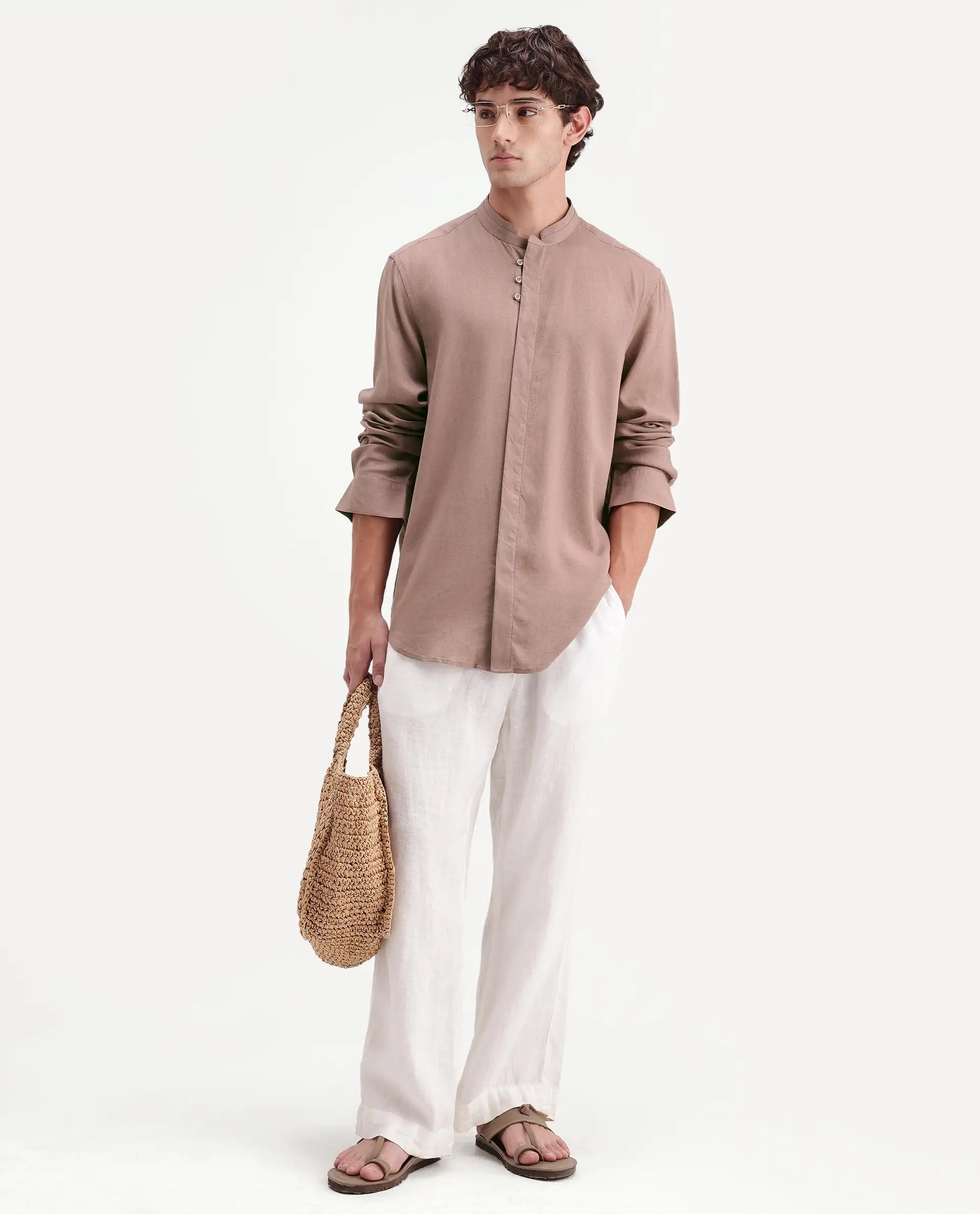 Rare Rabbit Men's Throne-Aw26 Light Brown Linen Blend Mandarin Collar Regular Plain Shirt