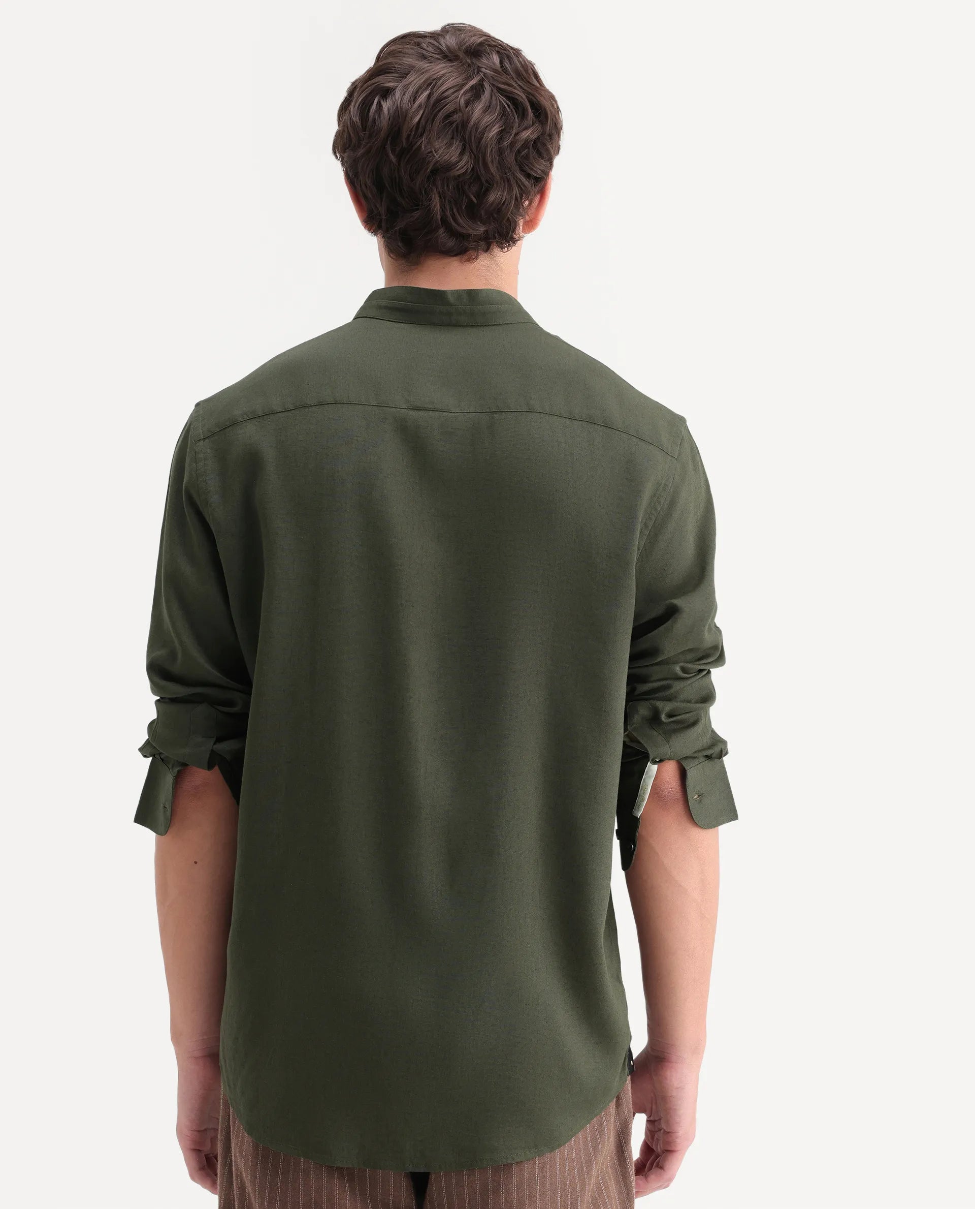 Rare Rabbit Men's Throne-Aw26 Dark Olive Linen Blend Mandarin Collar Regular Plain Shirt