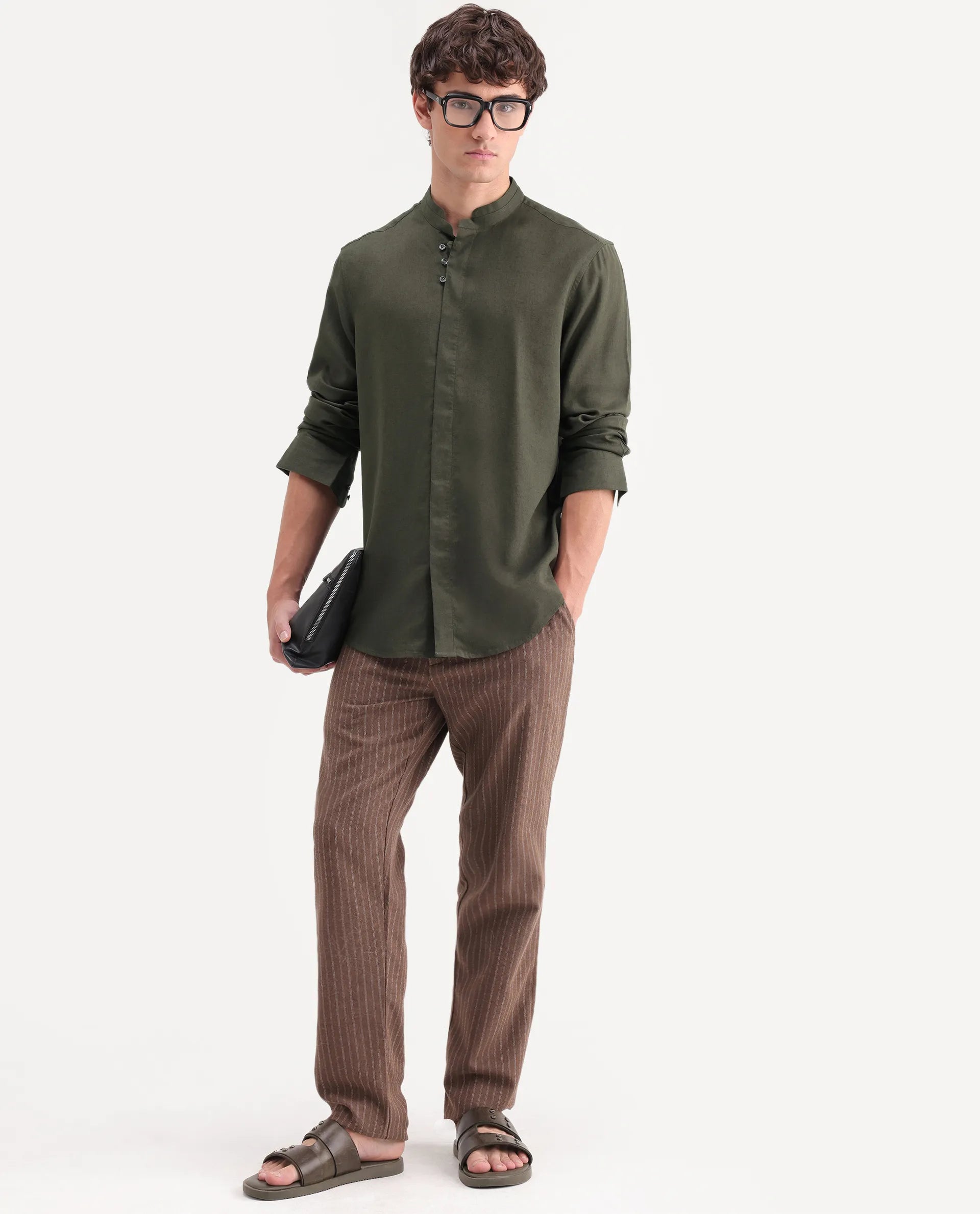 Rare Rabbit Men's Throne-Aw26 Dark Olive Linen Blend Mandarin Collar Regular Plain Shirt