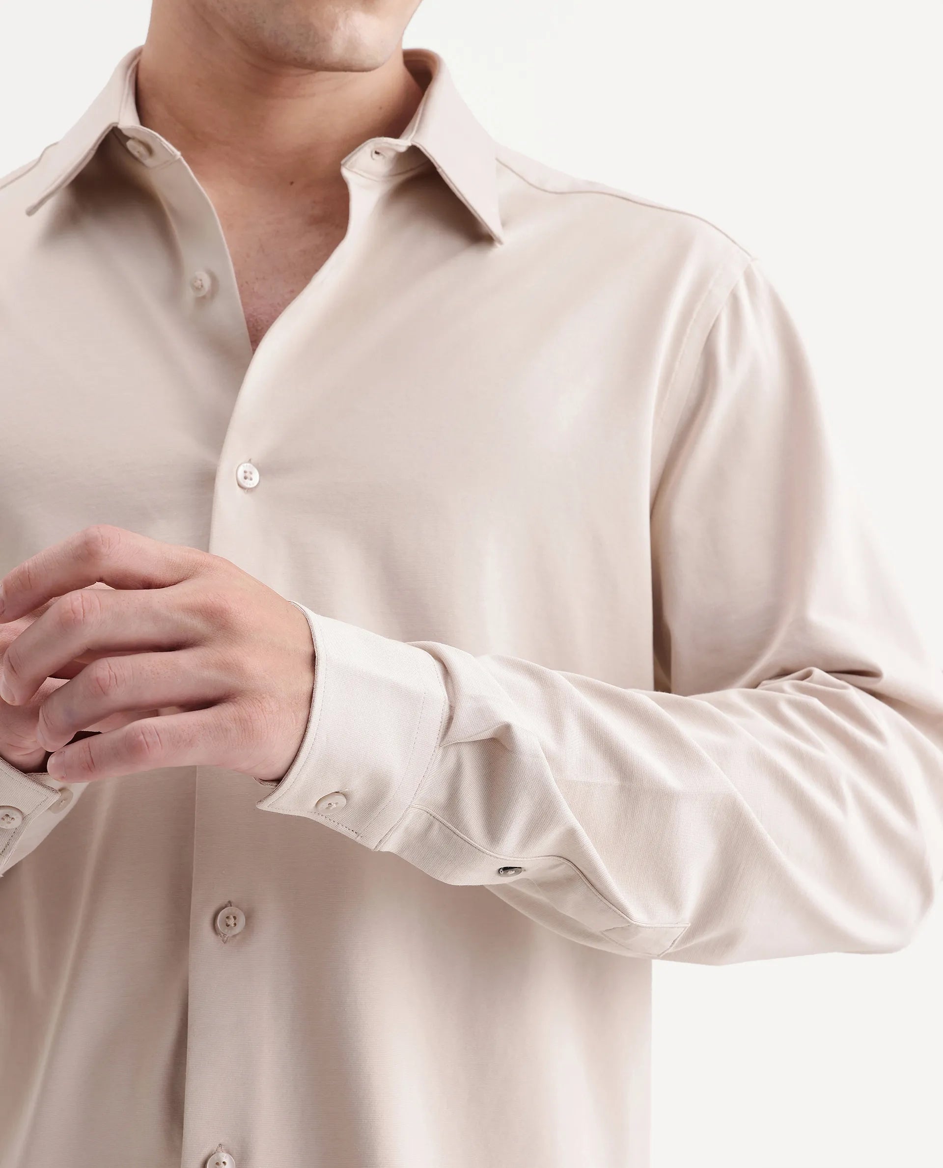 Rare Rabbit Men's Tour-Aw26 Beige Cotton Blend Spread Collar Regular Plain Shirt