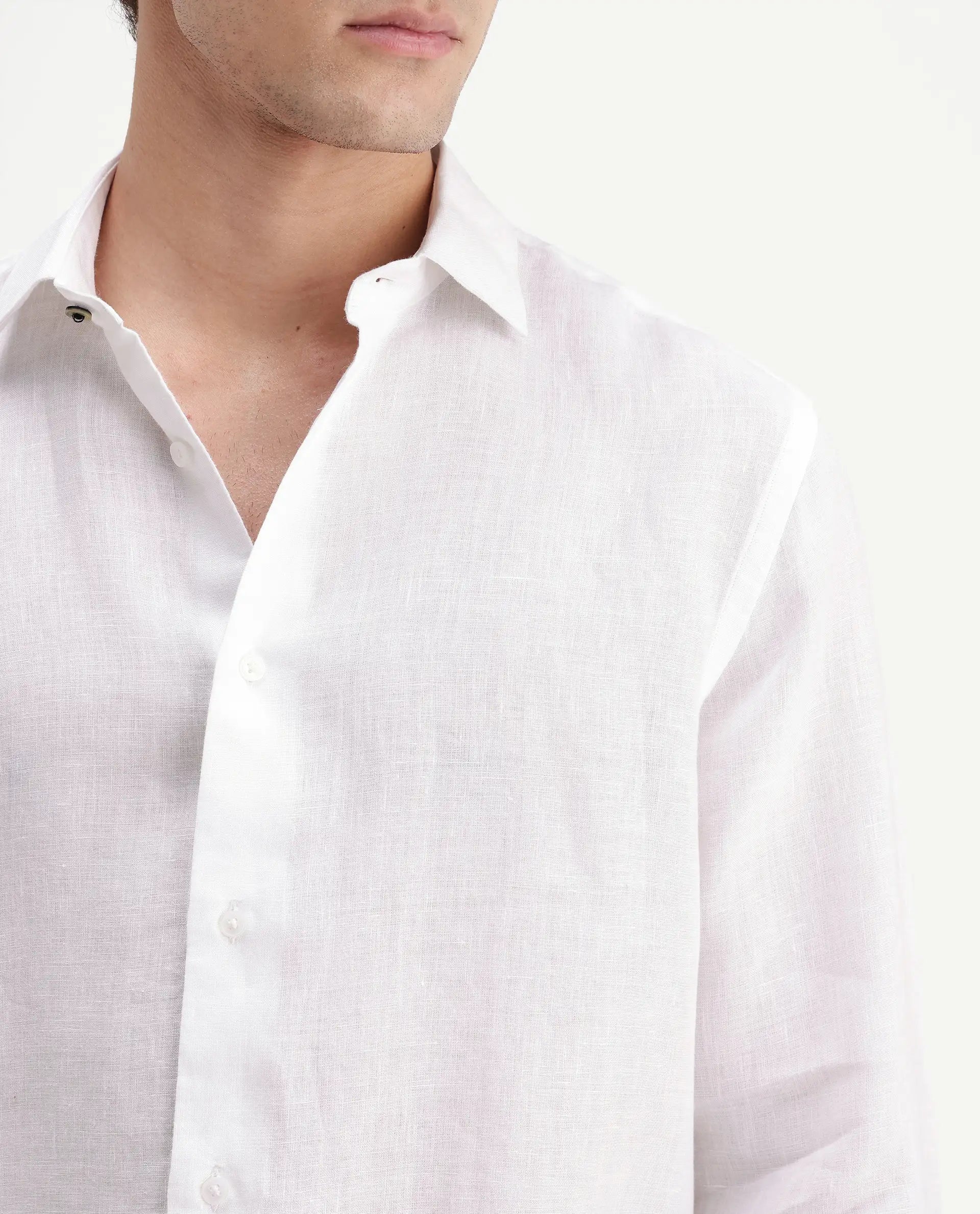 Rare Rabbit Men's Mavi-Aw26 White 100% Linen Spread Collar Regular Plain Shirt