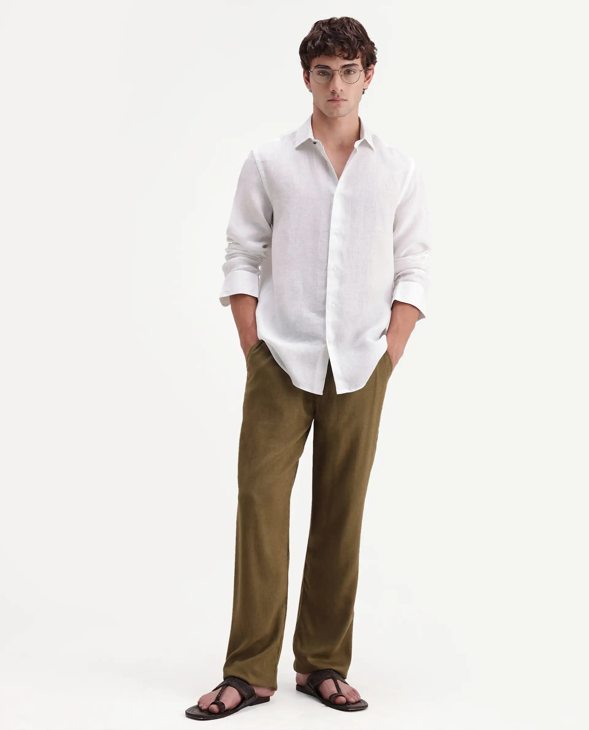 Rare Rabbit Men's Mavi-Aw26 White 100% Linen Spread Collar Regular Plain Shirt