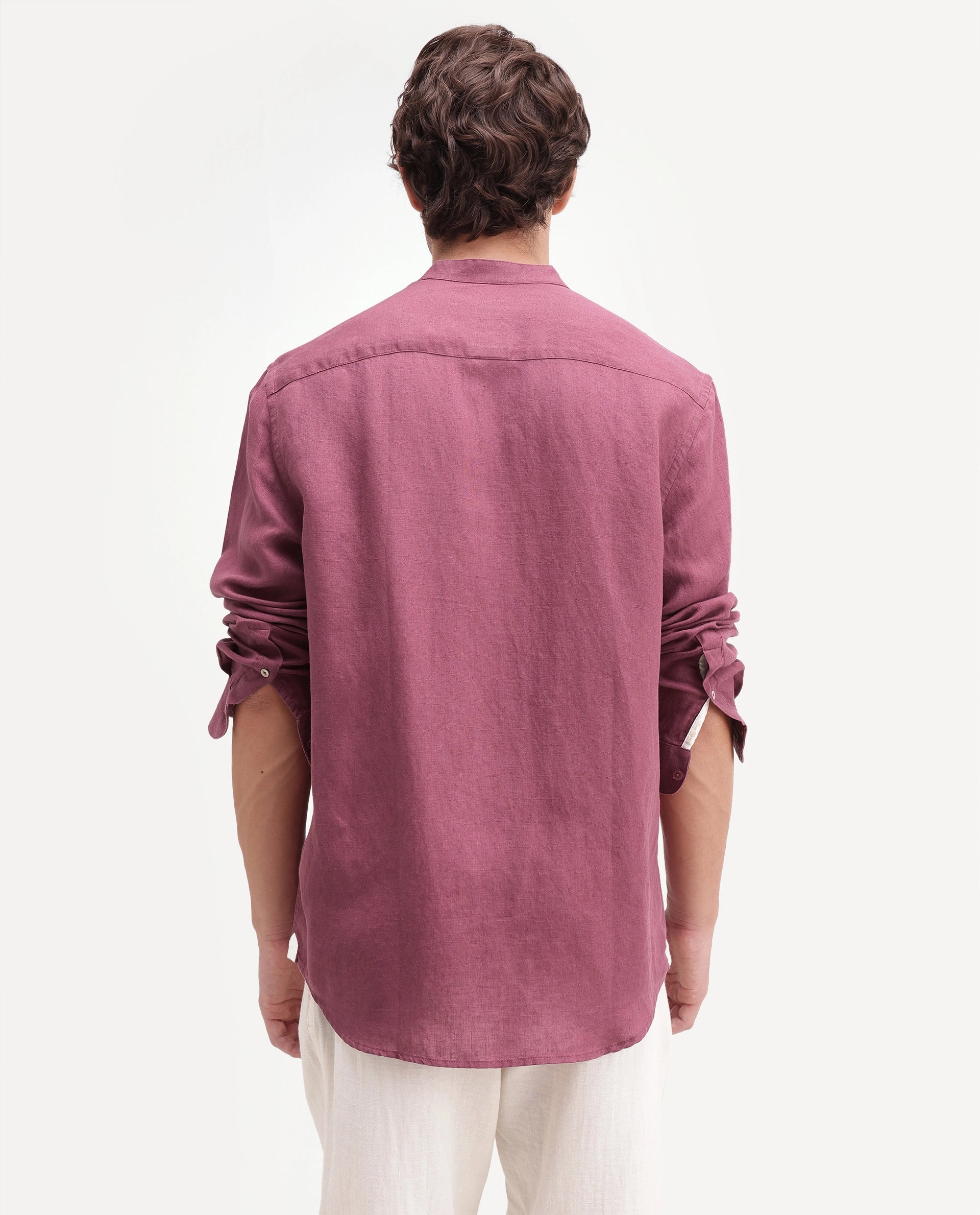 Rare Rabbit Men's Cinex-Aw26 Dusky Maroon Linen Mandarin Collar Regular Fit Plain Shirt