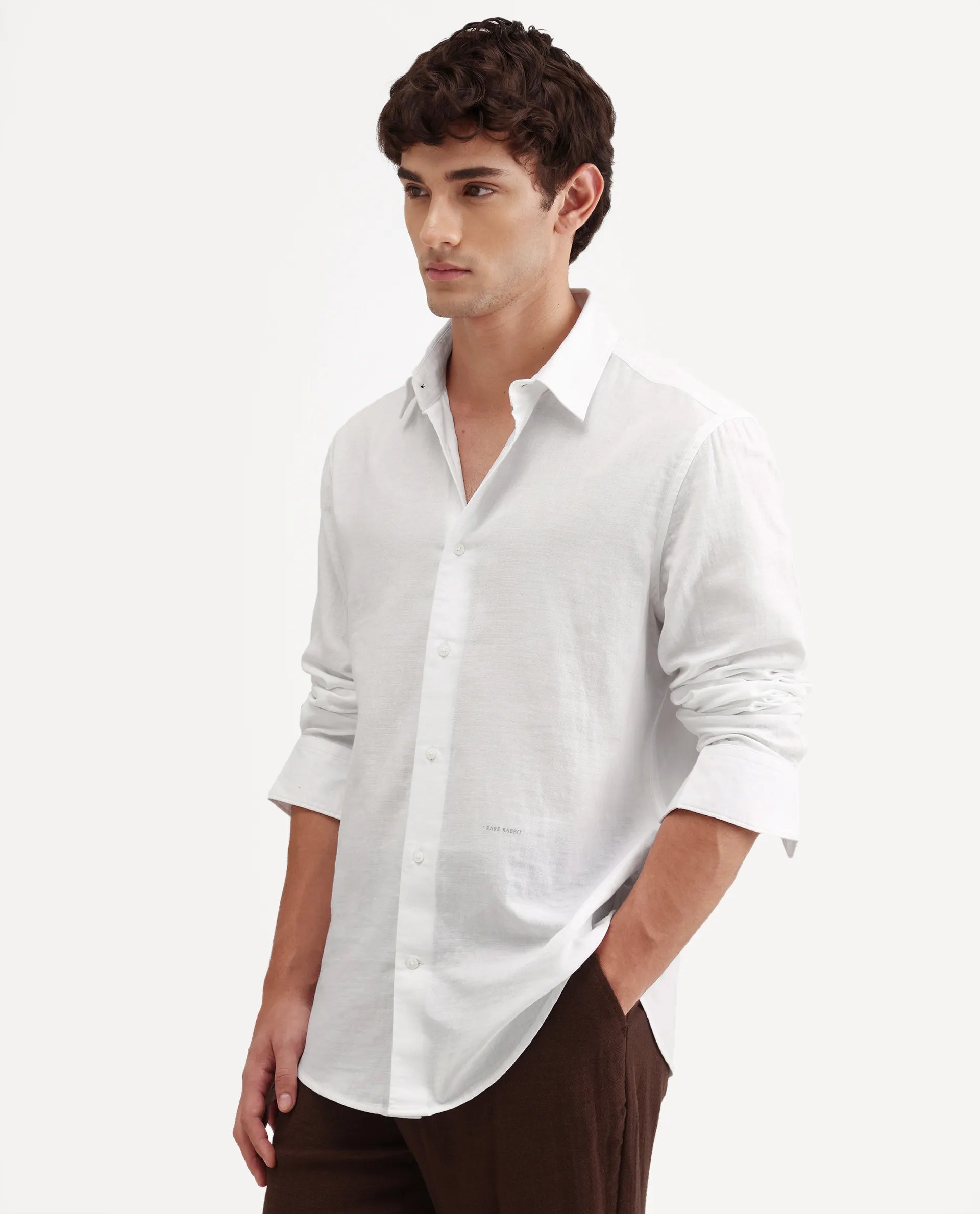 Rare Rabbit Men's Layer-Ls-Aw26 White Cotton Spread Collar Regular Plain Shirt