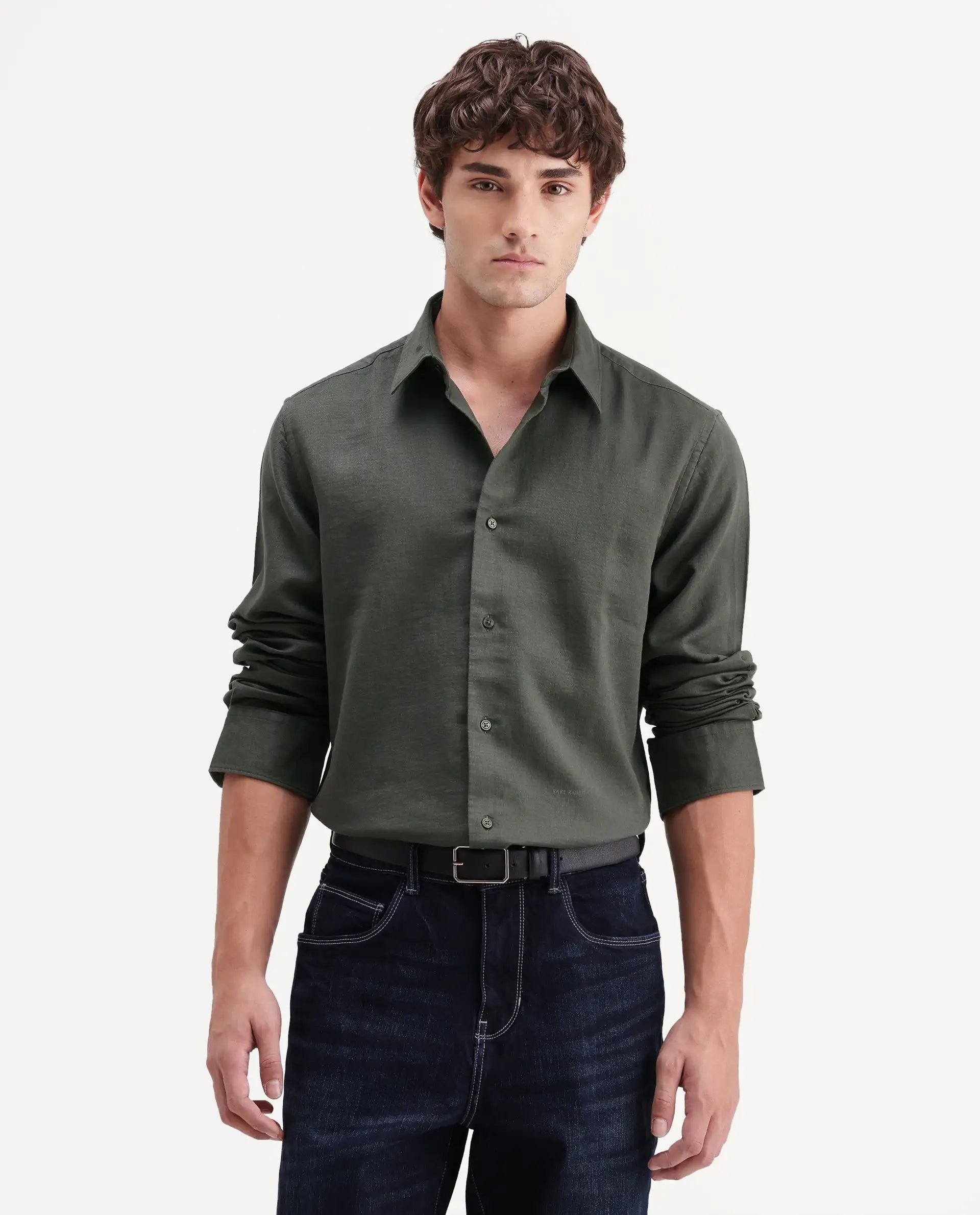 Rare Rabbit Men's Layer-Ls-Aw26 Olive Cotton Spread Collar Regular Plain Shirt