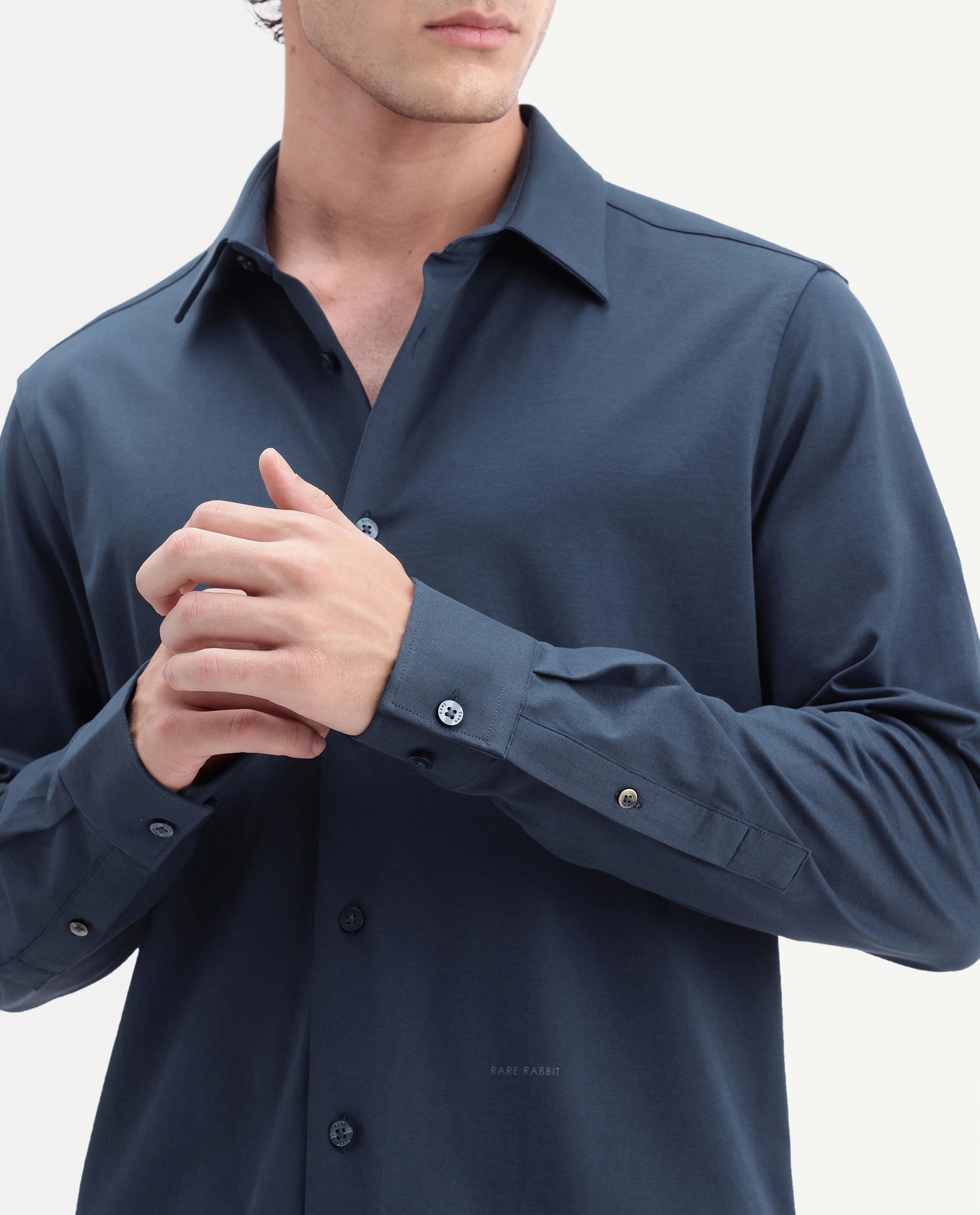 Rare Rabbit Men's Tour-Aw26 Navy Cotton Blend Spread Collar Regular Plain Shirt