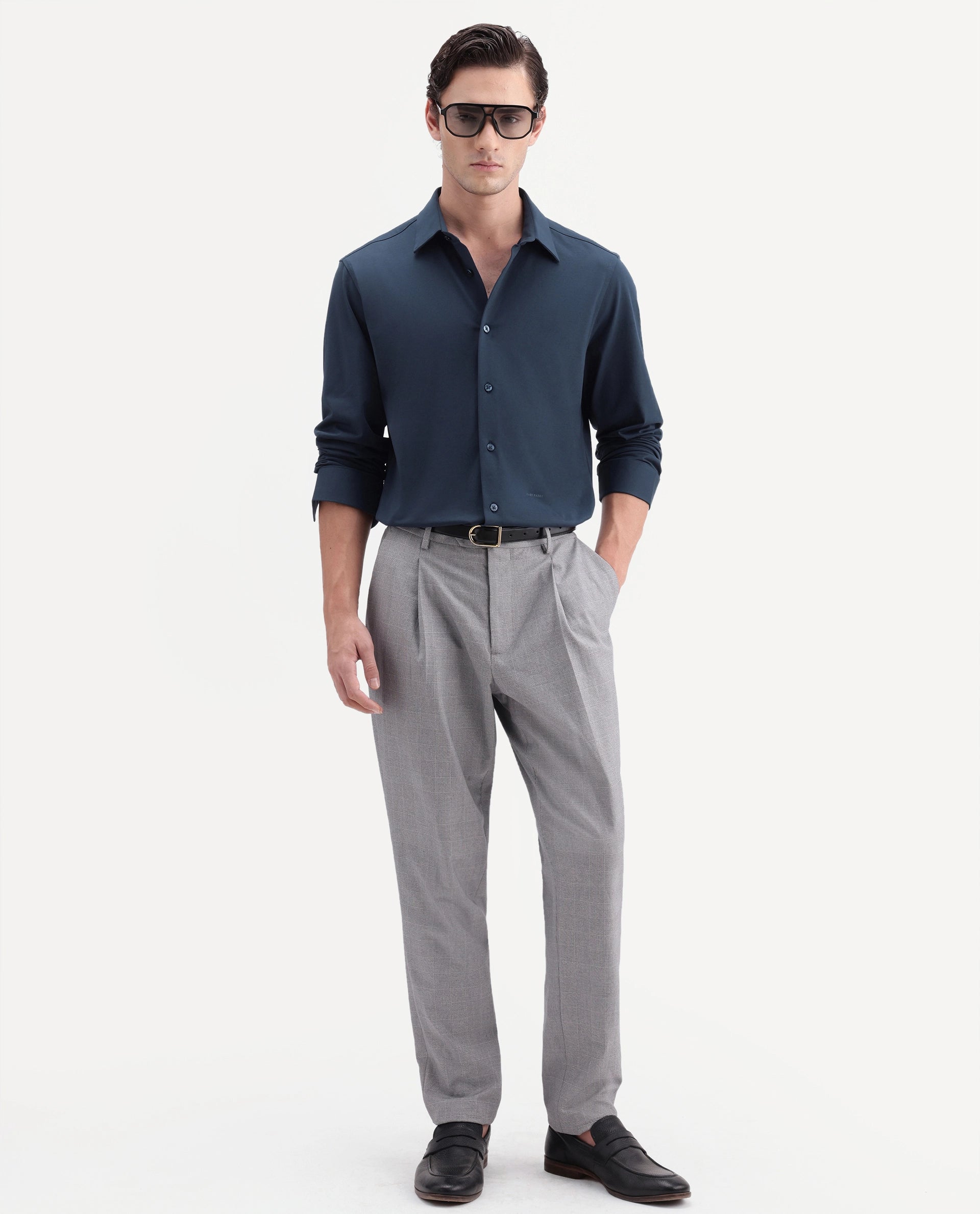 Rare Rabbit Men's Tour-Aw26 Navy Cotton Blend Spread Collar Regular Plain Shirt