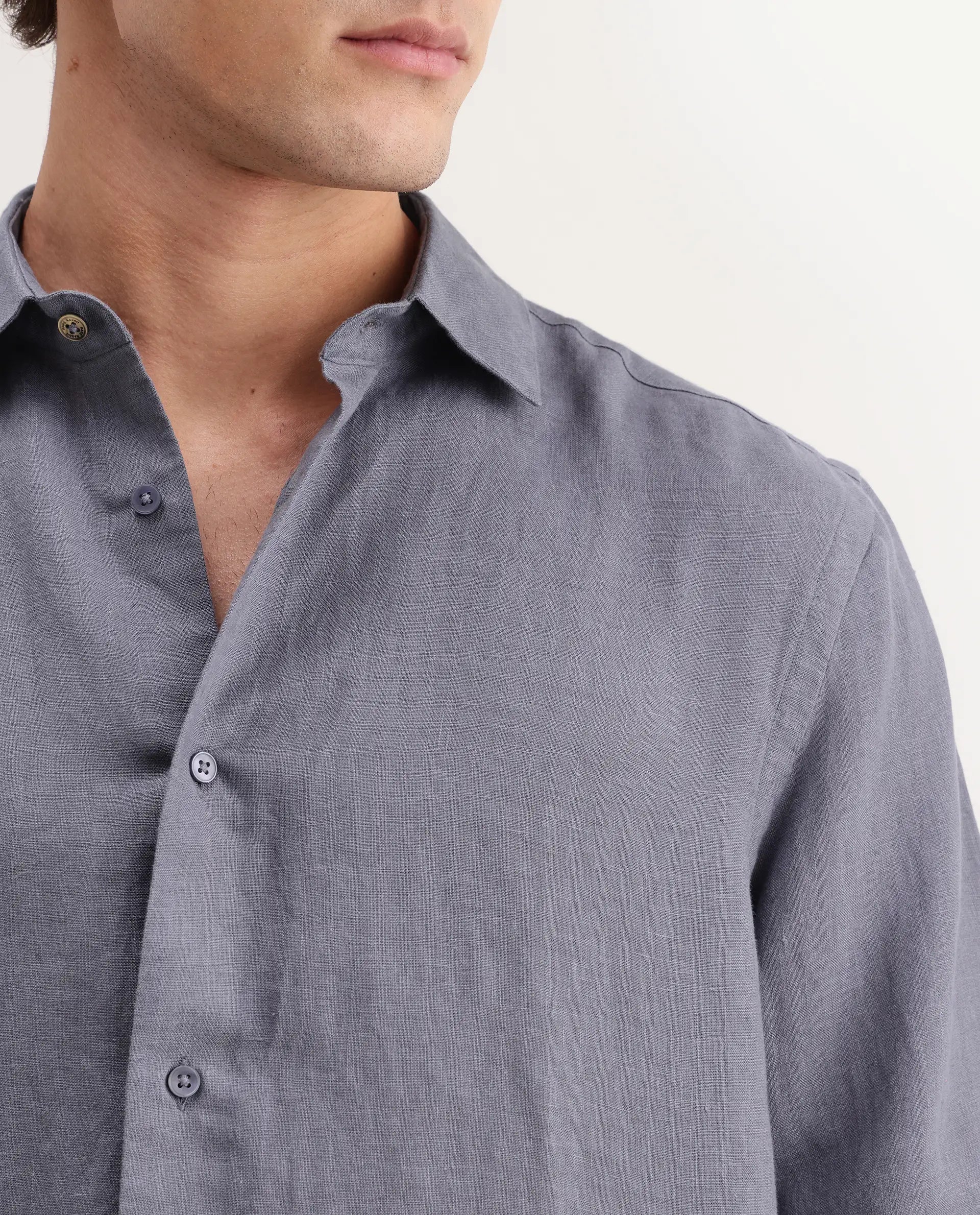 Rare Rabbit Men's Mavi-Aw26 Dusky Grey 100% Linen Spread Collar Regular Plain Shirt