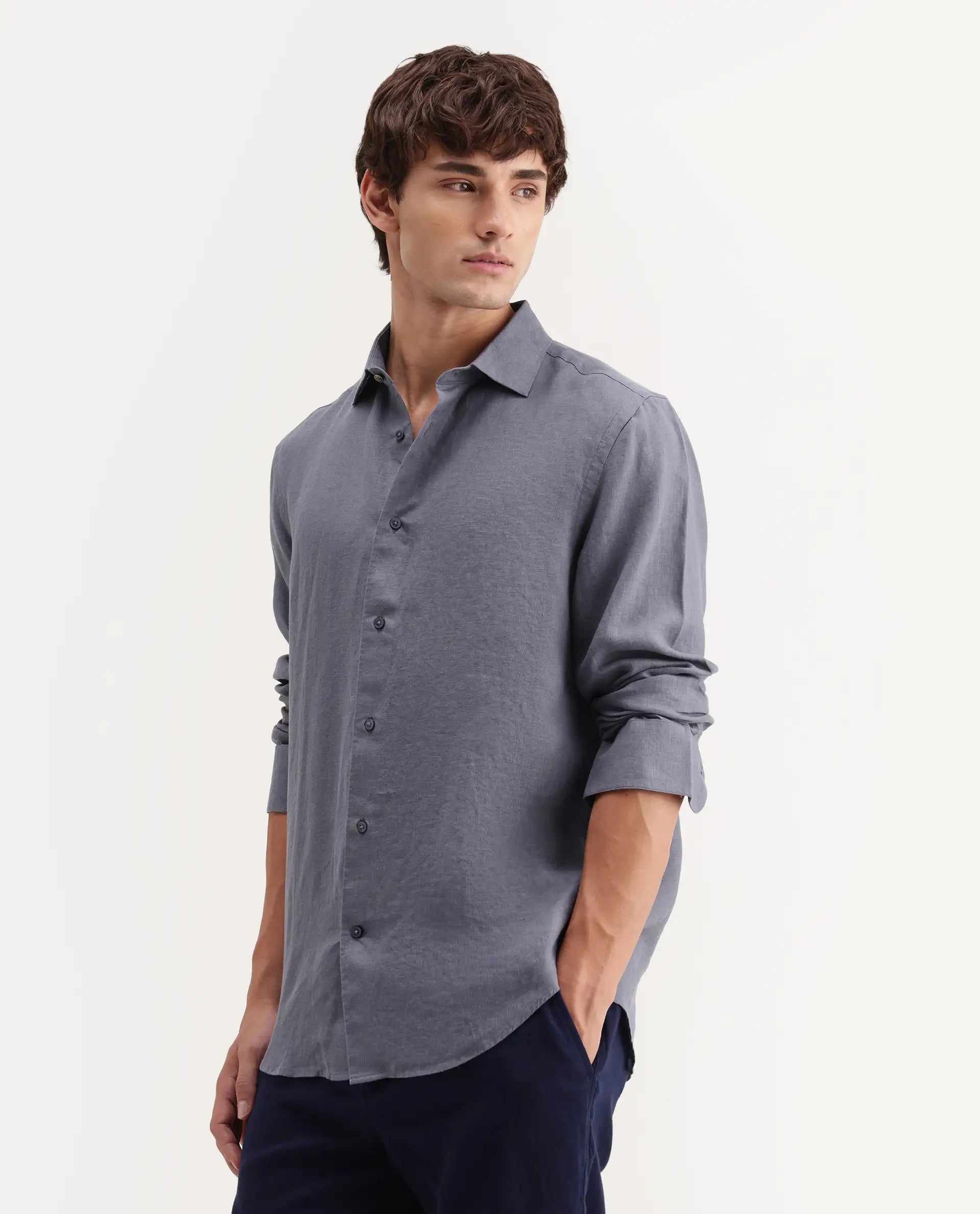 Rare Rabbit Men's Mavi-Aw26 Dusky Grey 100% Linen Spread Collar Regular Plain Shirt