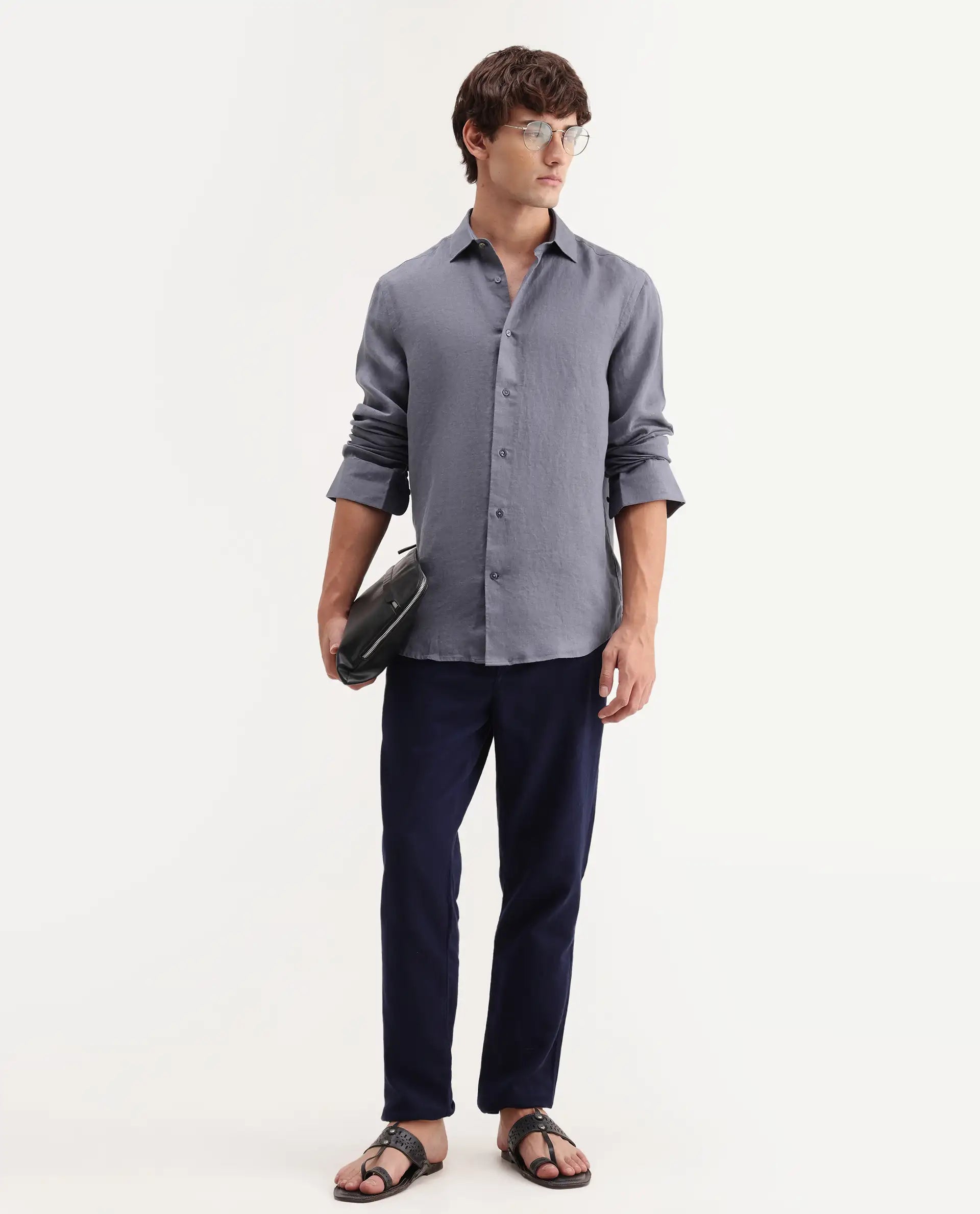 Rare Rabbit Men's Mavi-Aw26 Dusky Grey 100% Linen Spread Collar Regular Plain Shirt