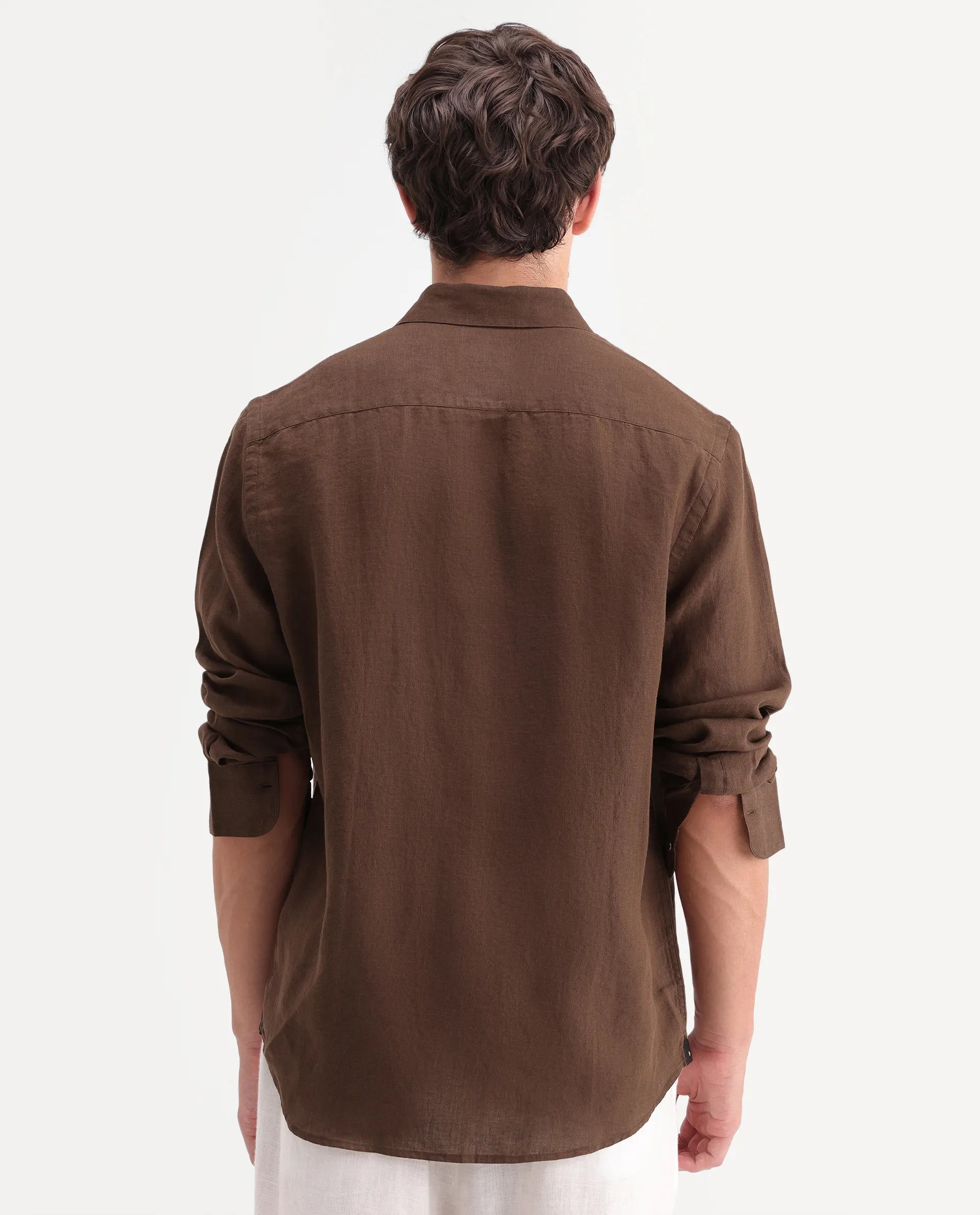 Rare Rabbit Men's Mavi-Aw26 Brown 100% Linen Spread Collar Regular Fit Plain Shirt