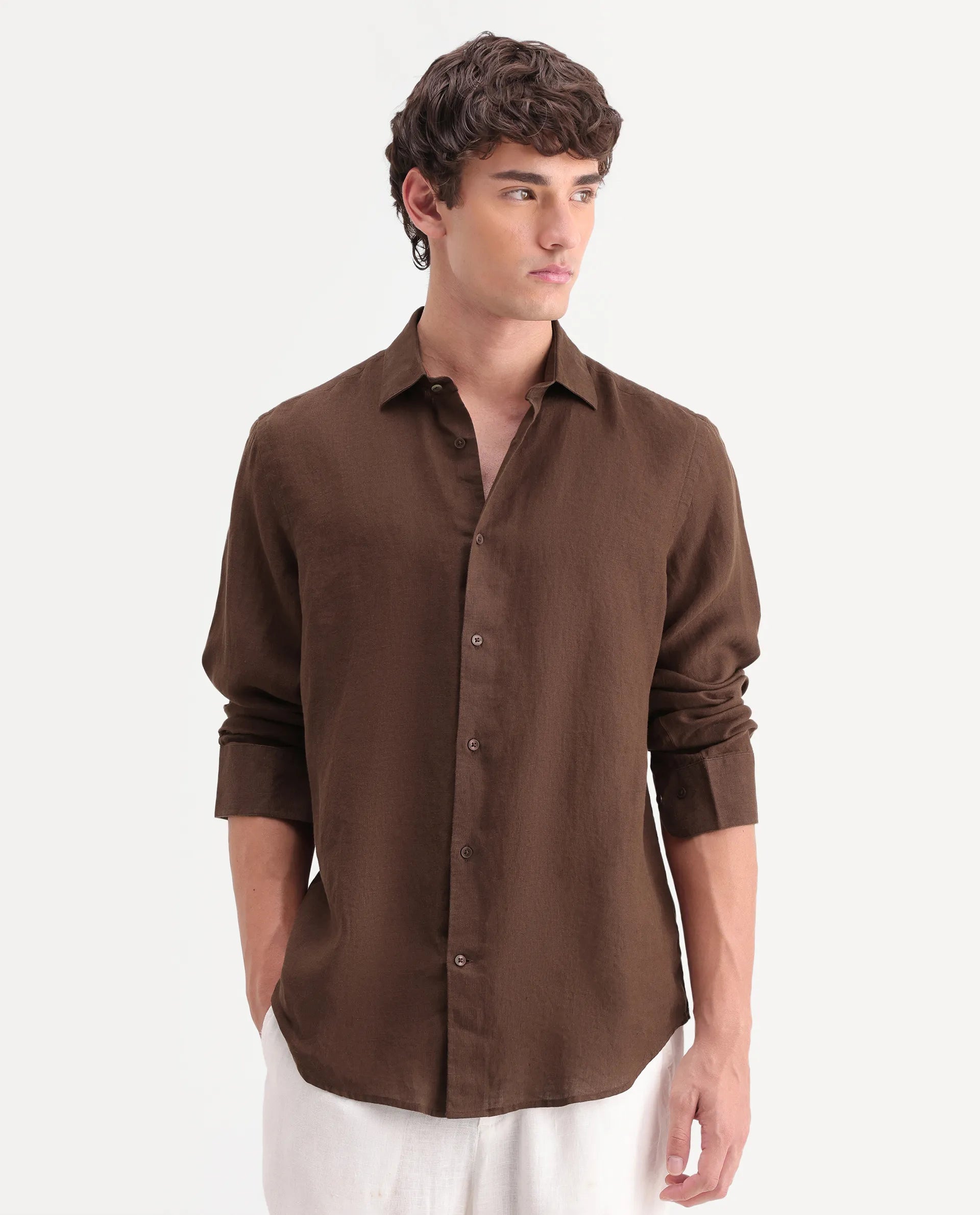 Rare Rabbit Men's Mavi-Aw26 Brown 100% Linen Spread Collar Regular Fit Plain Shirt