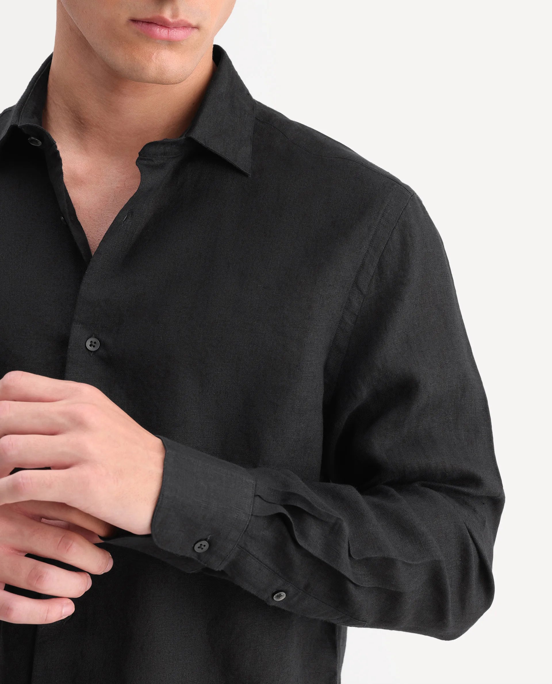 Rare Rabbit Men's Mavi-Aw26 Black 100% Linen Spread Collar Regular Plain Shirt