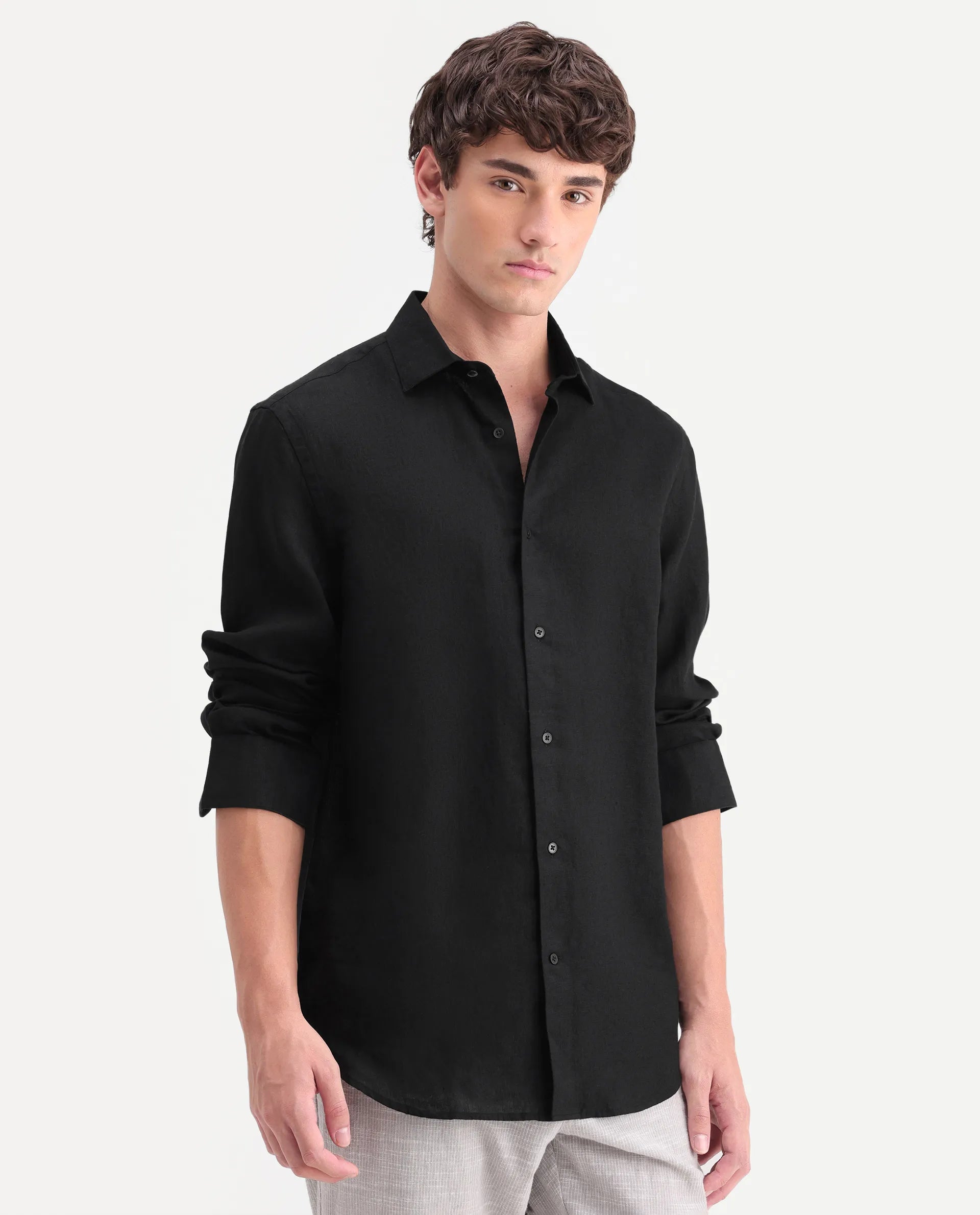 Rare Rabbit Men's Mavi-Aw26 Black 100% Linen Spread Collar Regular Plain Shirt