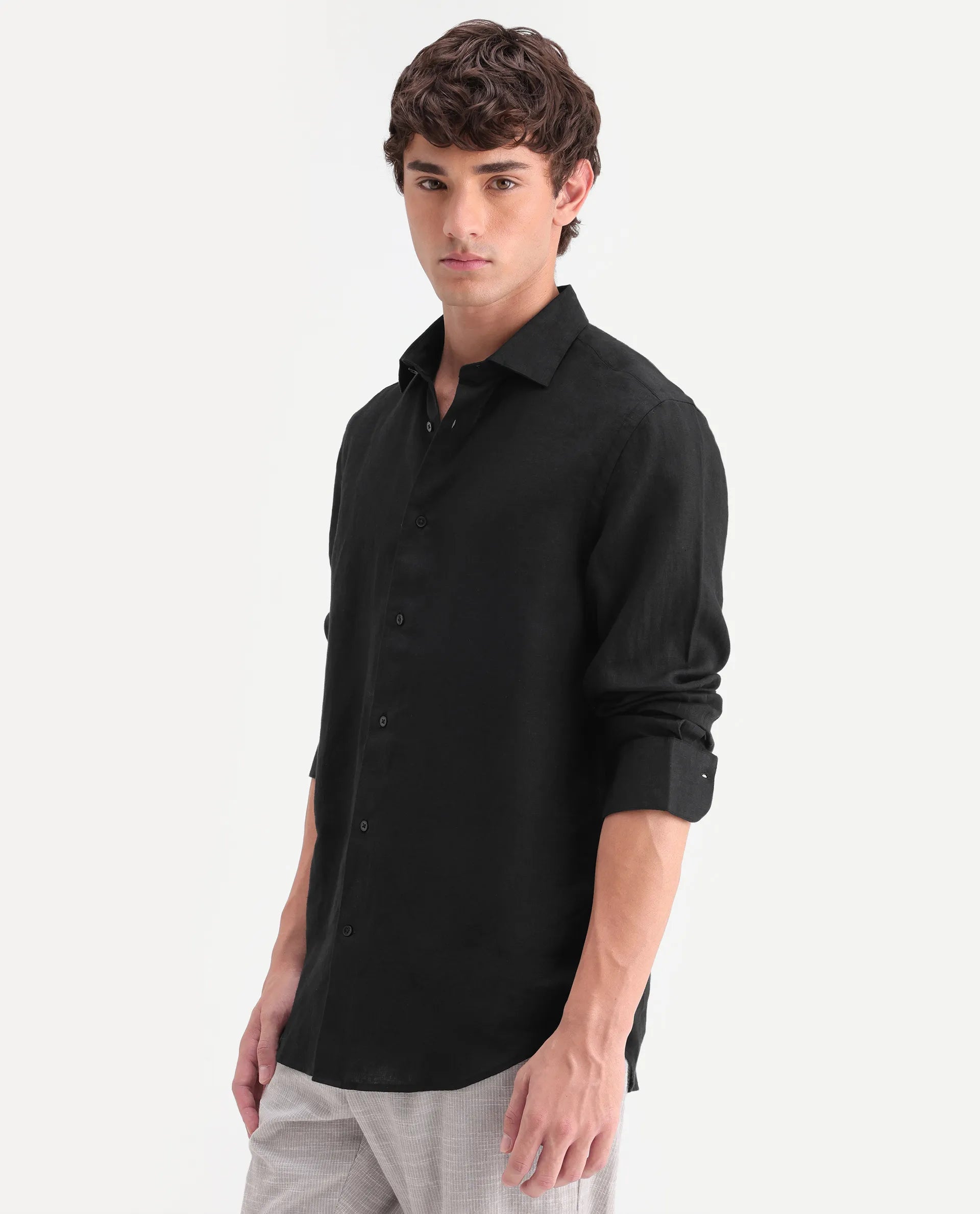 Rare Rabbit Men's Mavi-Aw26 Black 100% Linen Spread Collar Regular Plain Shirt