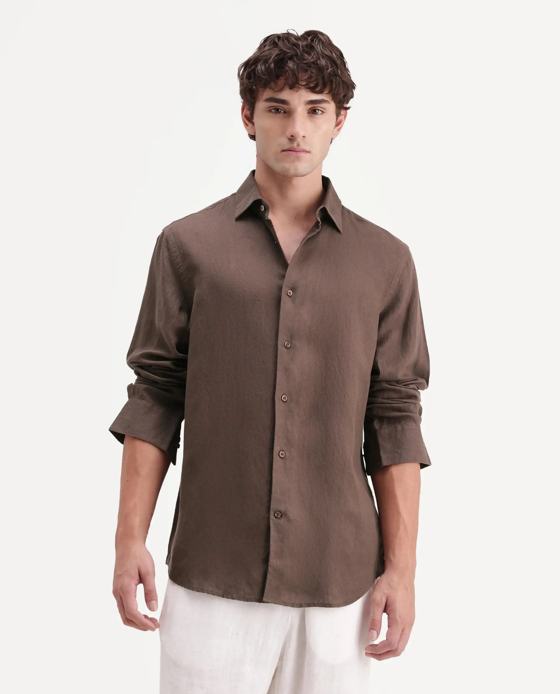 Rare Rabbit Men's Linex-Ls-Aw26 Brown Linen Blend Spread Collar Regular Fit Plain Shirt