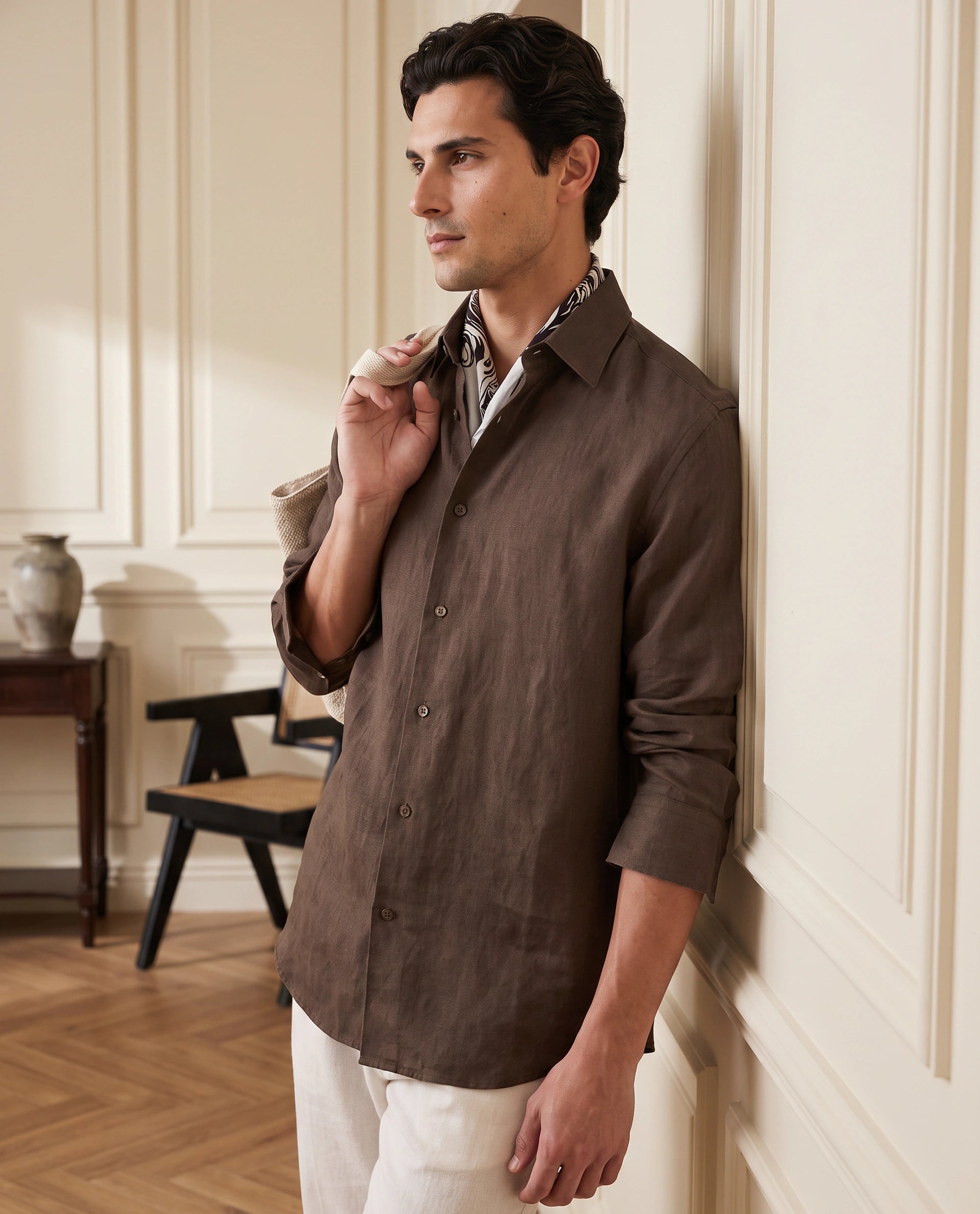 Rare Rabbit Men's Linex-Ls-Aw26 Brown Linen Blend Spread Collar Regular Fit Plain Shirt