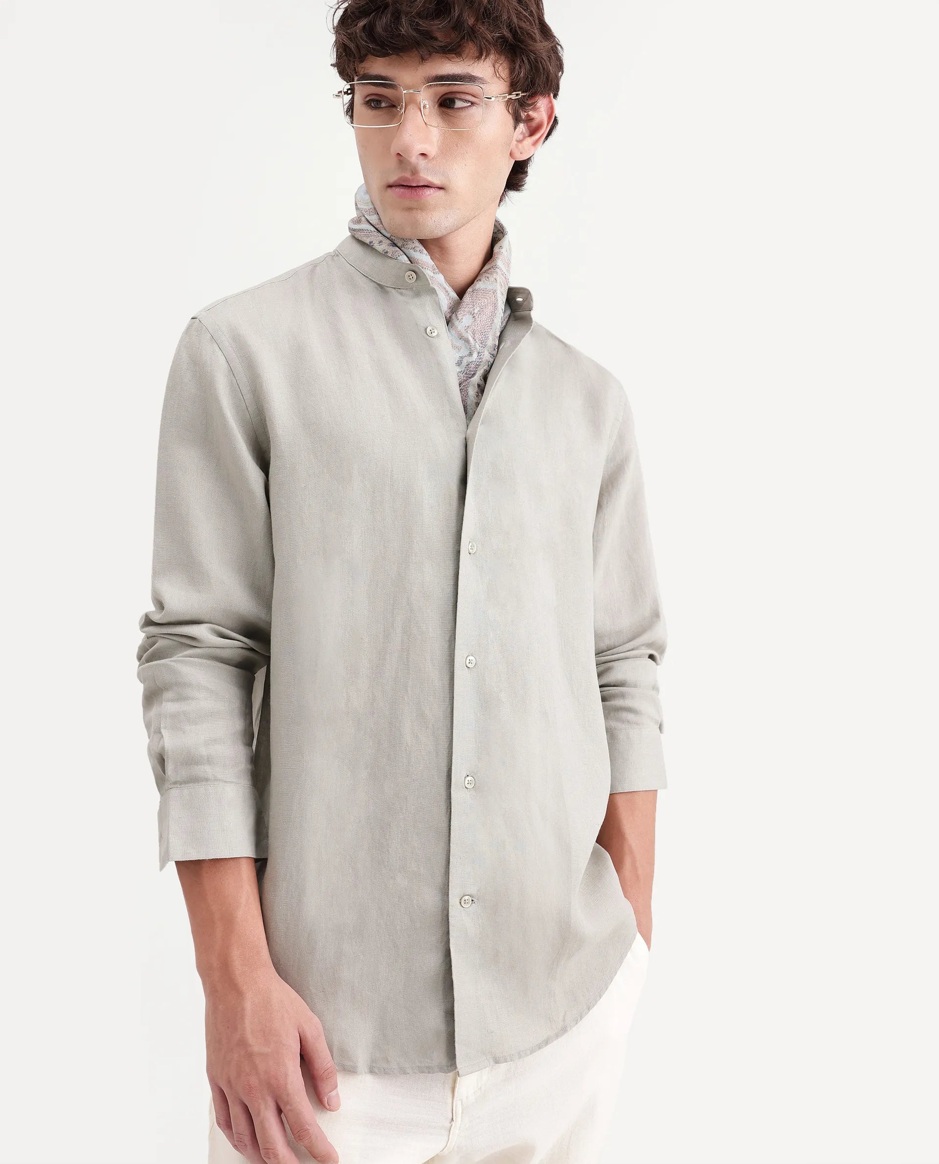 Rare Rabbit Men's Cinex-Aw26 Light Green Linen Mandarin Collar Regular Fit Plain Shirt