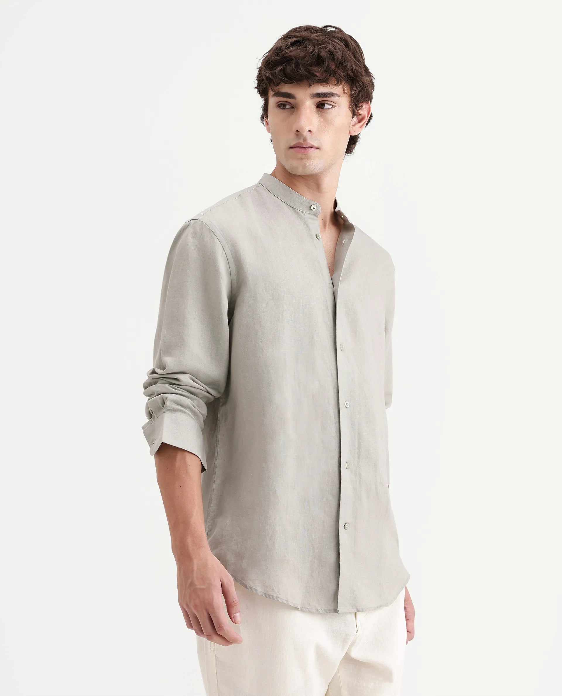 Rare Rabbit Men's Cinex-Aw26 Light Green Linen Mandarin Collar Regular Fit Plain Shirt