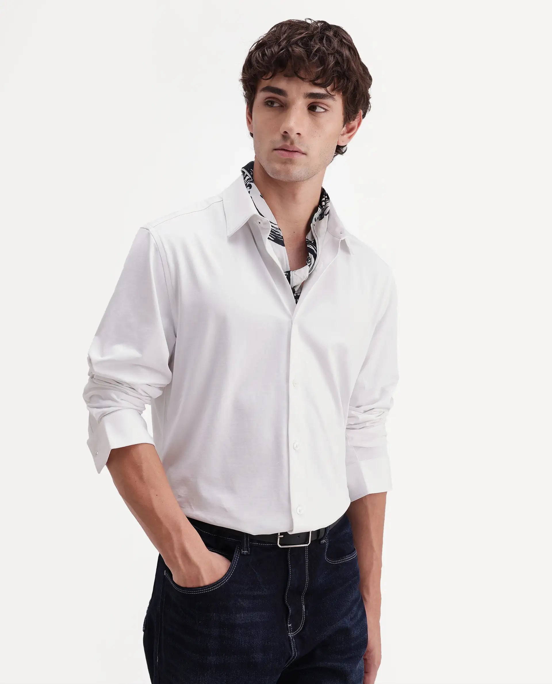 Rare Rabbit Men's Tour-Aw26 White Cotton Blend Spread Collar Regular Plain Shirt