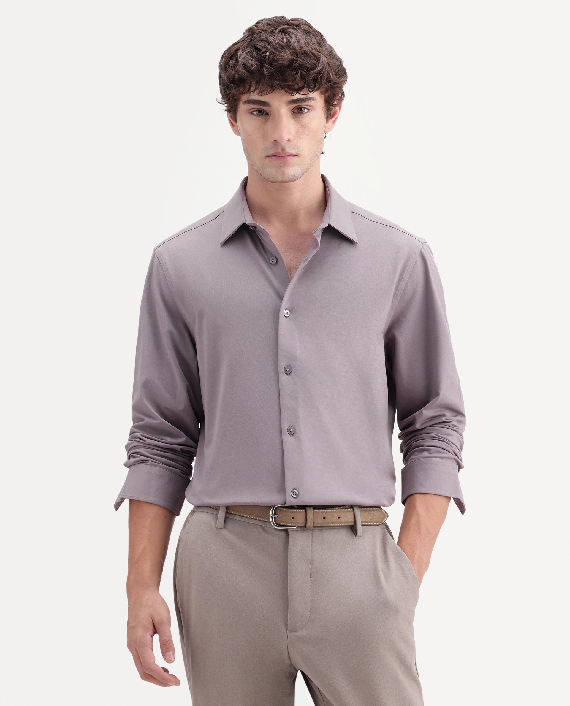 Rare Rabbit Men's Tour-Aw26 Dusky Pink Cotton Blend Spread Collar Regular Plain Shirt