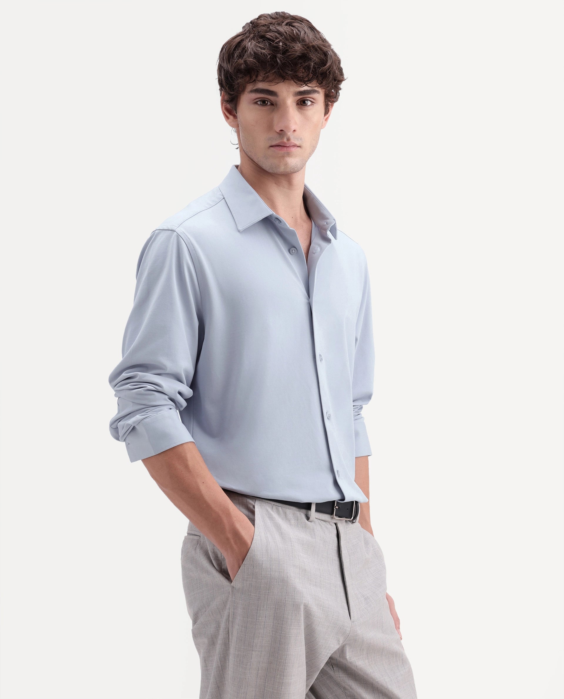 Rare Rabbit Men's Tour-Aw26 Light Blue Cotton Blend Spread Collar Regular Plain Shirt