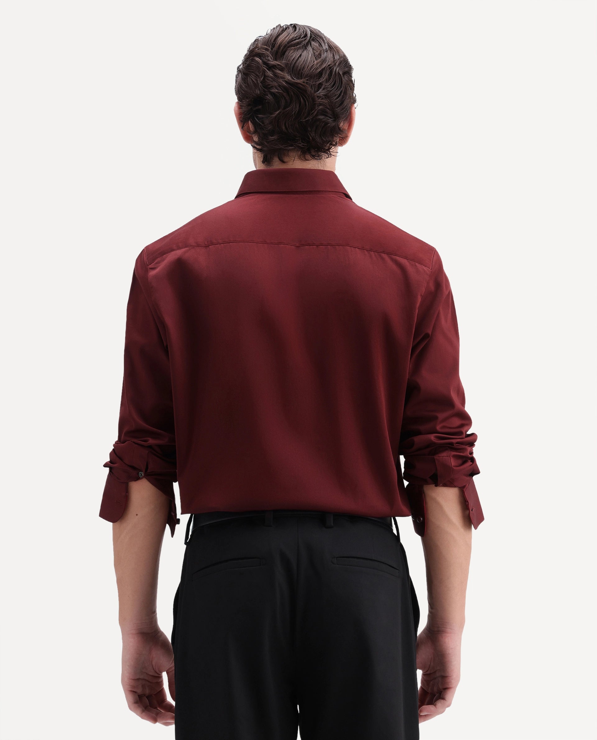 Rare Rabbit Men's Como-Aw26 Dusky Red Cotton Blend Spread Collar Regular Plain Shirt