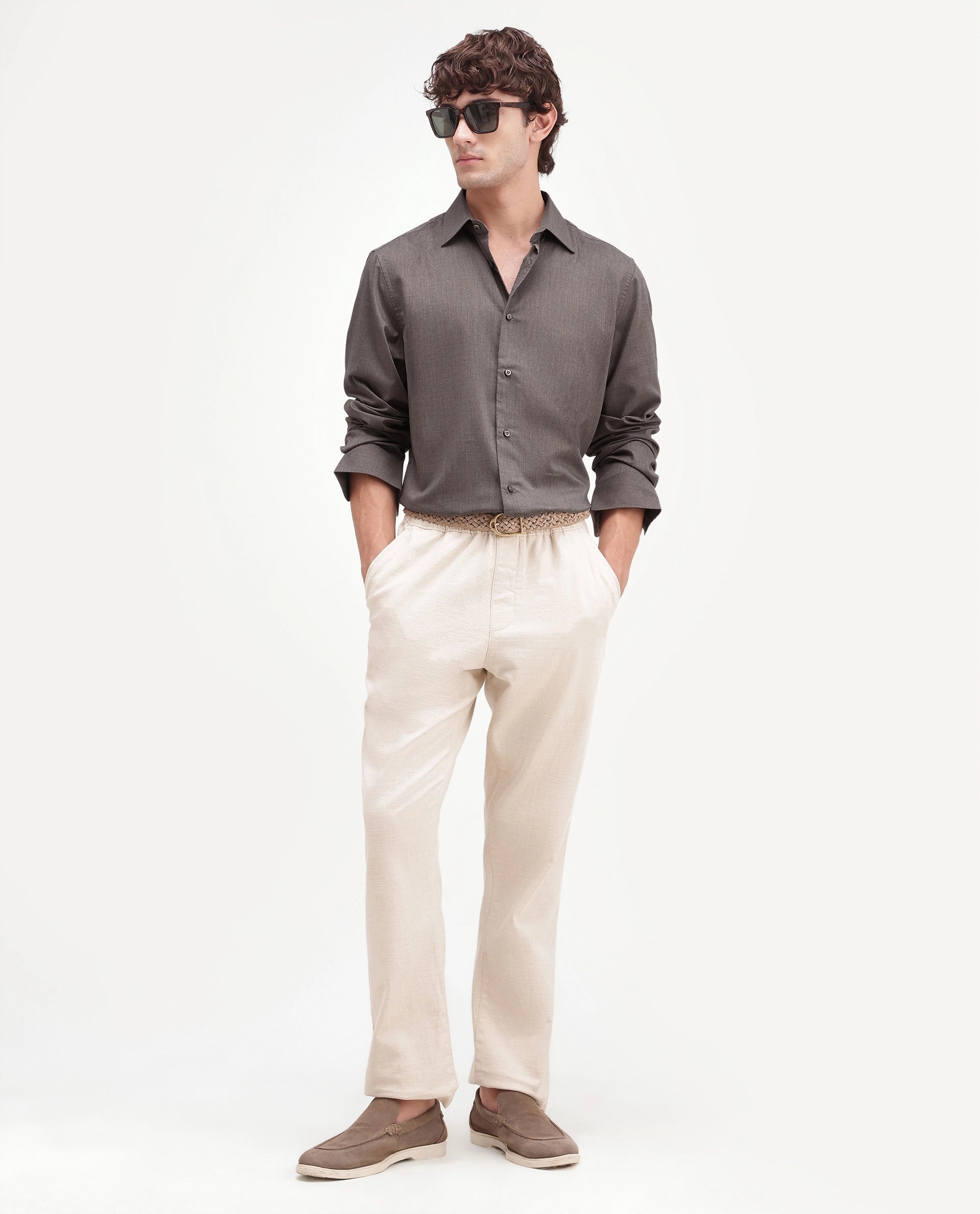 Rare Rabbit Men's Gunjo-Aw26 Brown Polyester Blend Spread Collar Regular Plain Shirt
