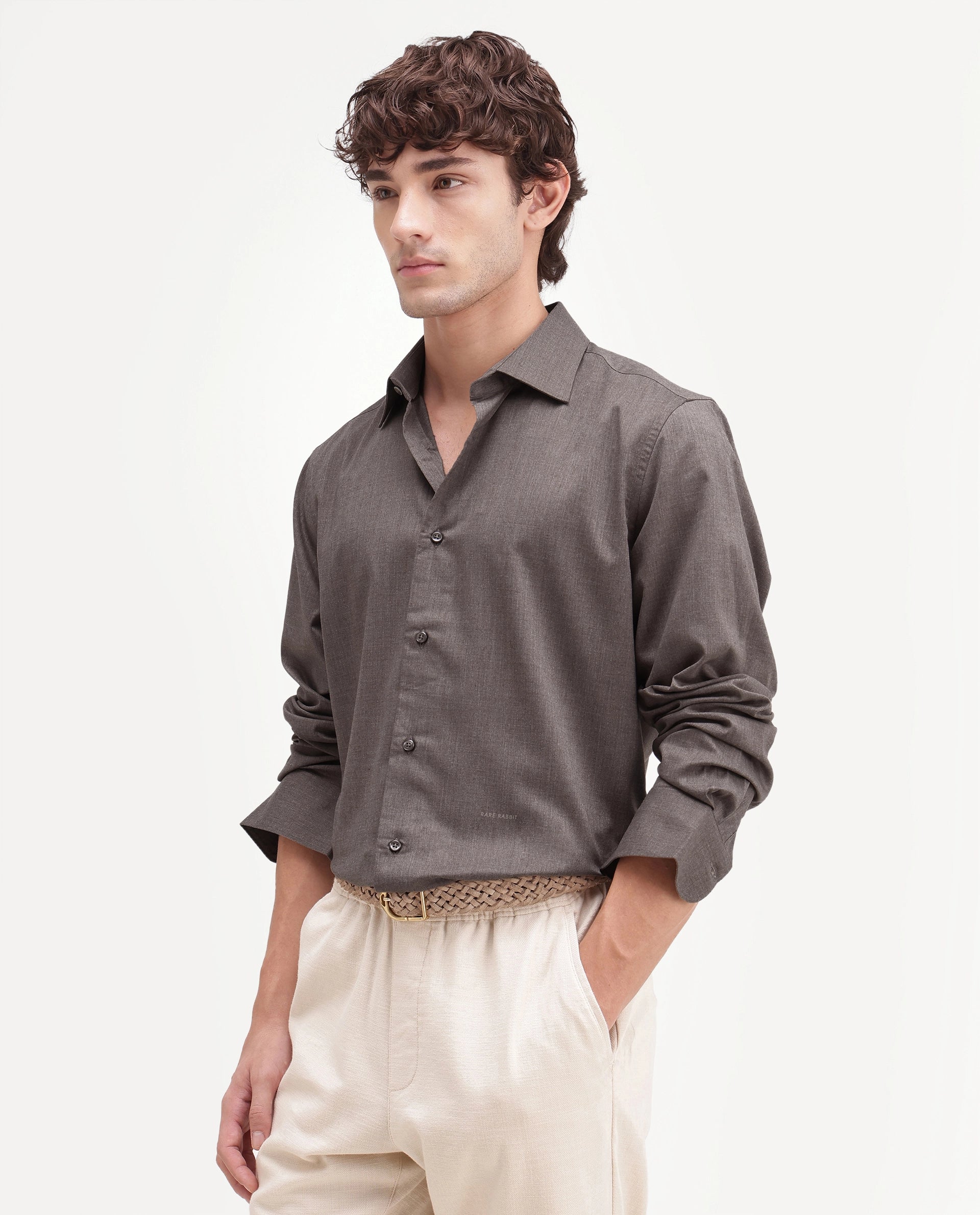 Rare Rabbit Men's Gunjo-Aw26 Brown Polyester Blend Spread Collar Regular Plain Shirt