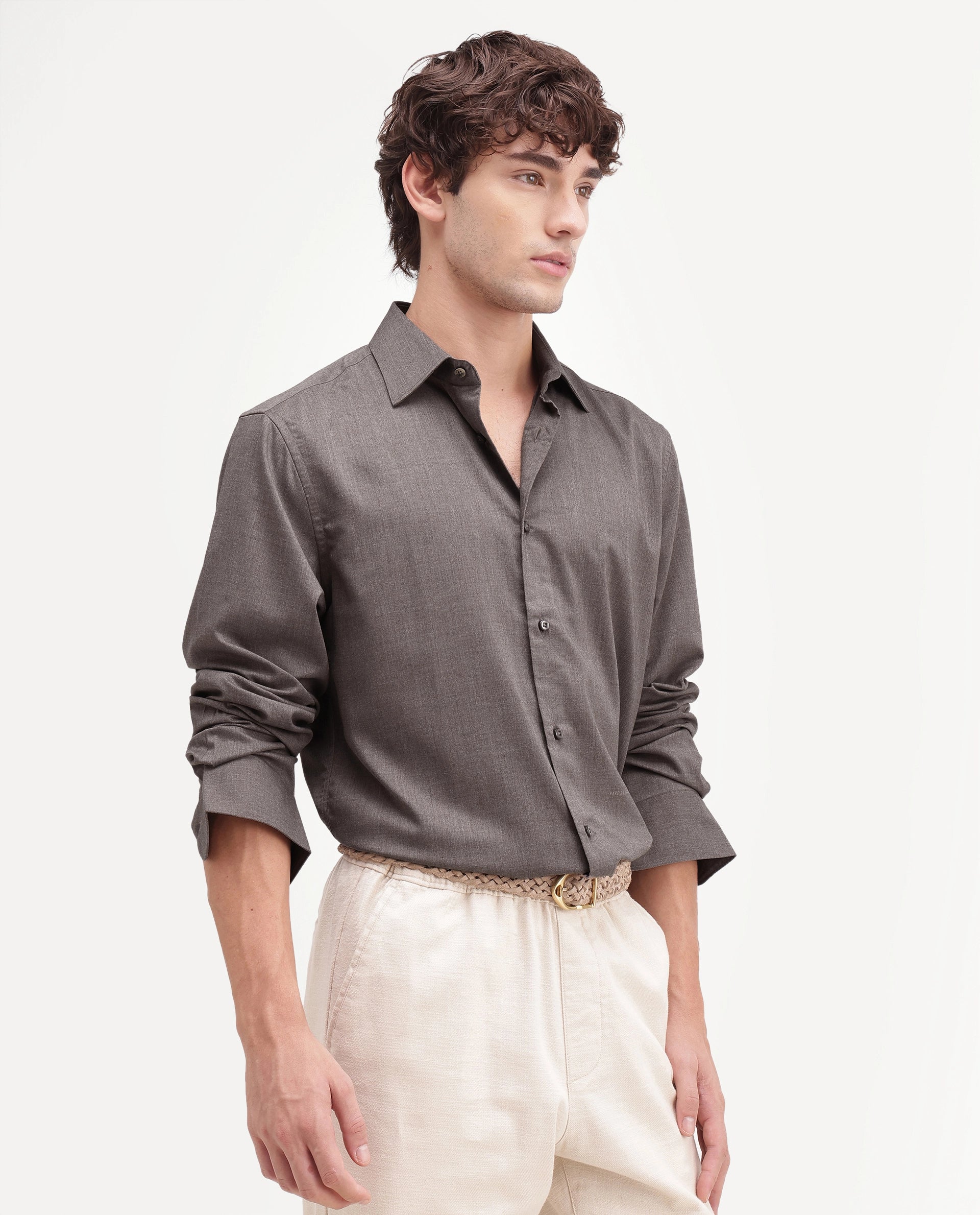 Rare Rabbit Men's Gunjo-Aw26 Brown Polyester Blend Spread Collar Regular Plain Shirt