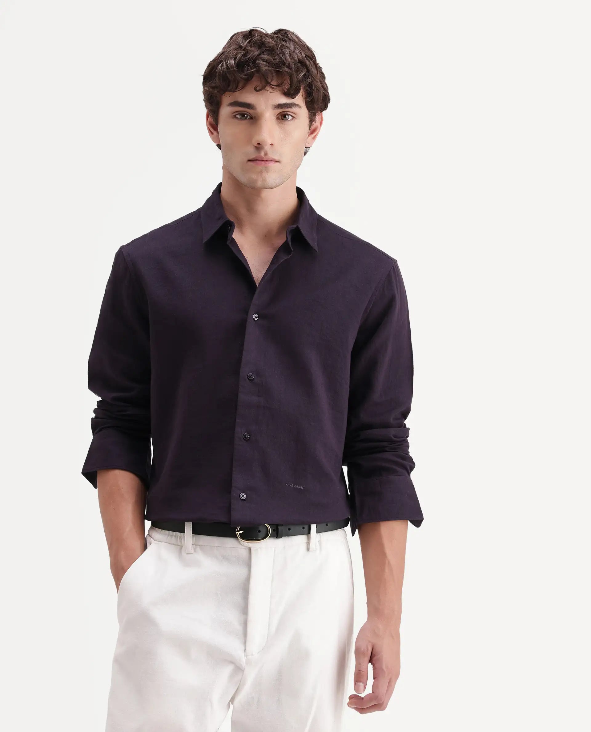 Rare Rabbit Men's Layer-Ls-Aw26 Dark Purple Cotton Spread Collar Regular Plain Shirt