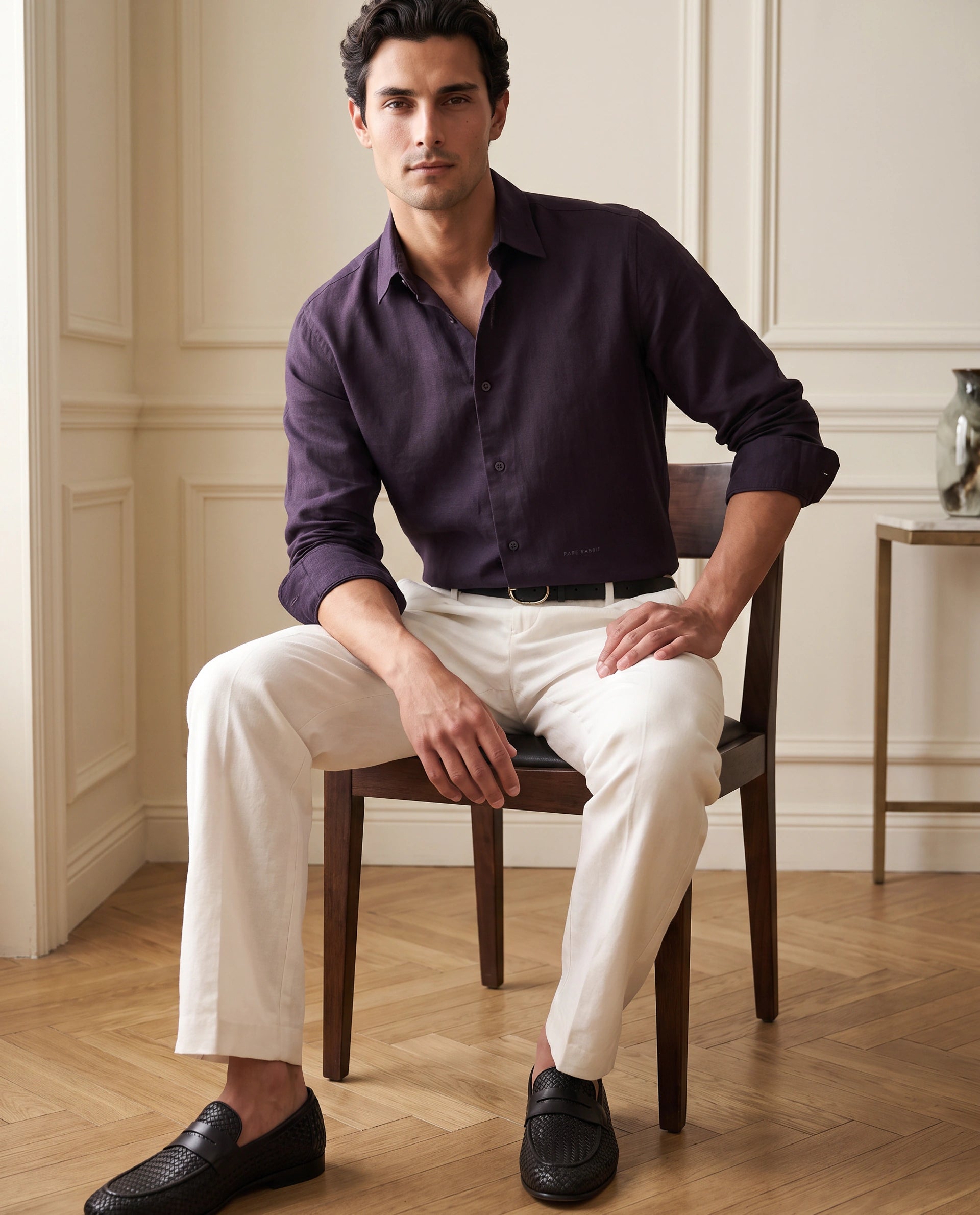 Rare Rabbit Men's Layer-Ls-Aw26 Dark Purple Cotton Spread Collar Regular Plain Shirt