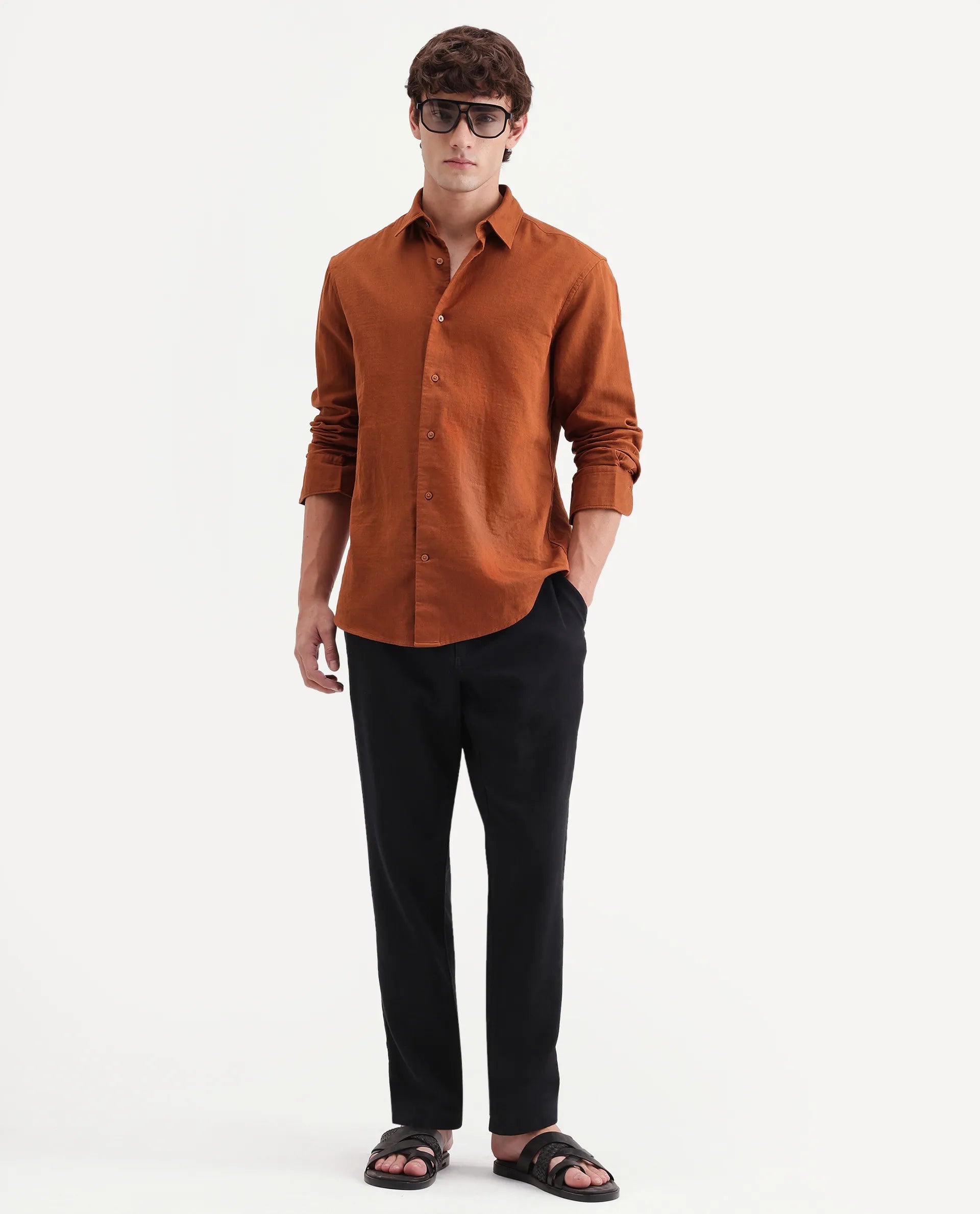 Rare Rabbit Men's Layer-Ls-Aw26 Dusky Rust Cotton Spread Collar Regular Plain Shirt