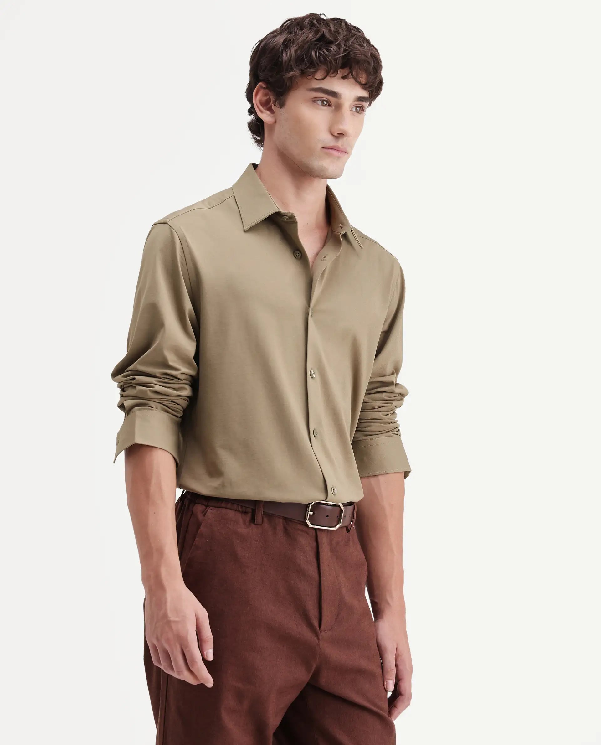 Rare Rabbit Men's Tour-Aw26 Dusky Green Cotton Blend Spread Collar Regular Plain Shirt
