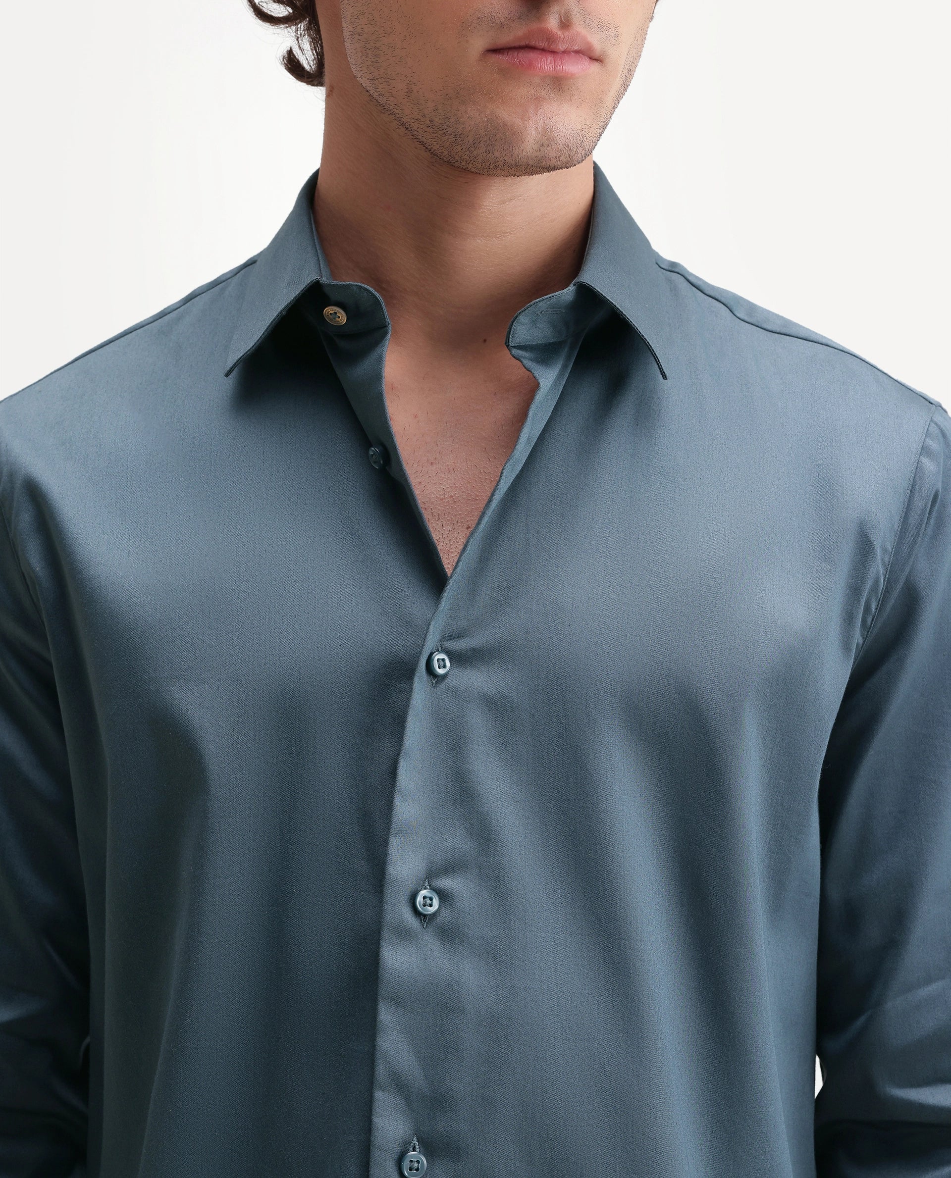 Rare Rabbit Men's Holla-Aw26 Dusky Blue Cotton Blend Spread Collar Regular Plain Shirt