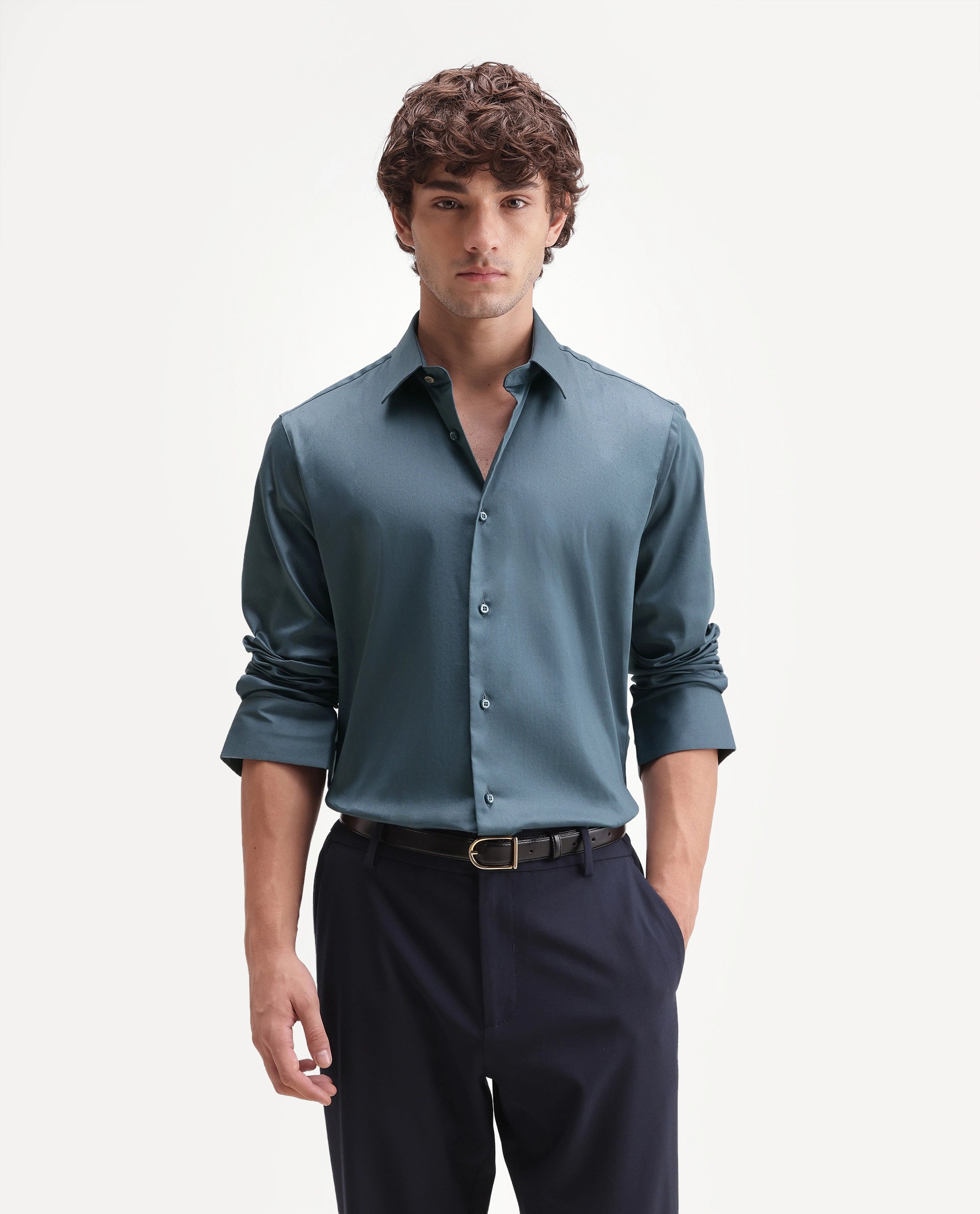 Rare Rabbit Men's Holla-Aw26 Dusky Blue Cotton Blend Spread Collar Regular Plain Shirt
