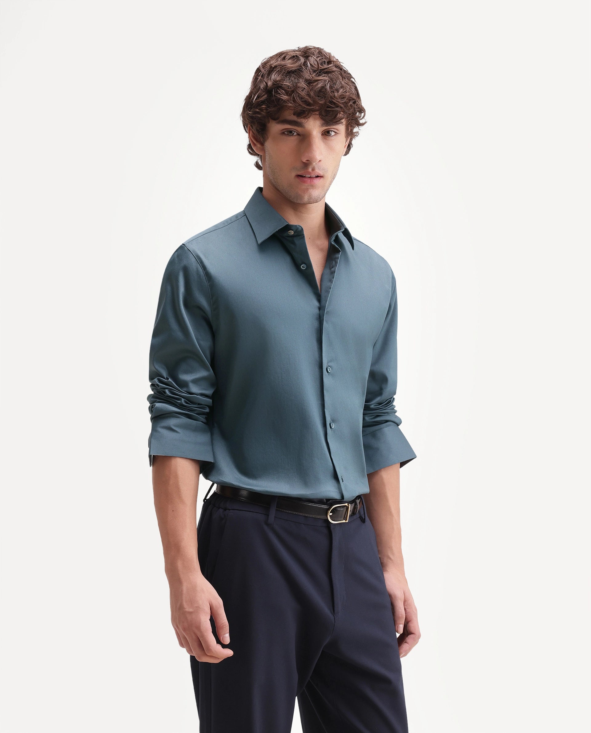 Rare Rabbit Men's Holla-Aw26 Dusky Blue Cotton Blend Spread Collar Regular Plain Shirt