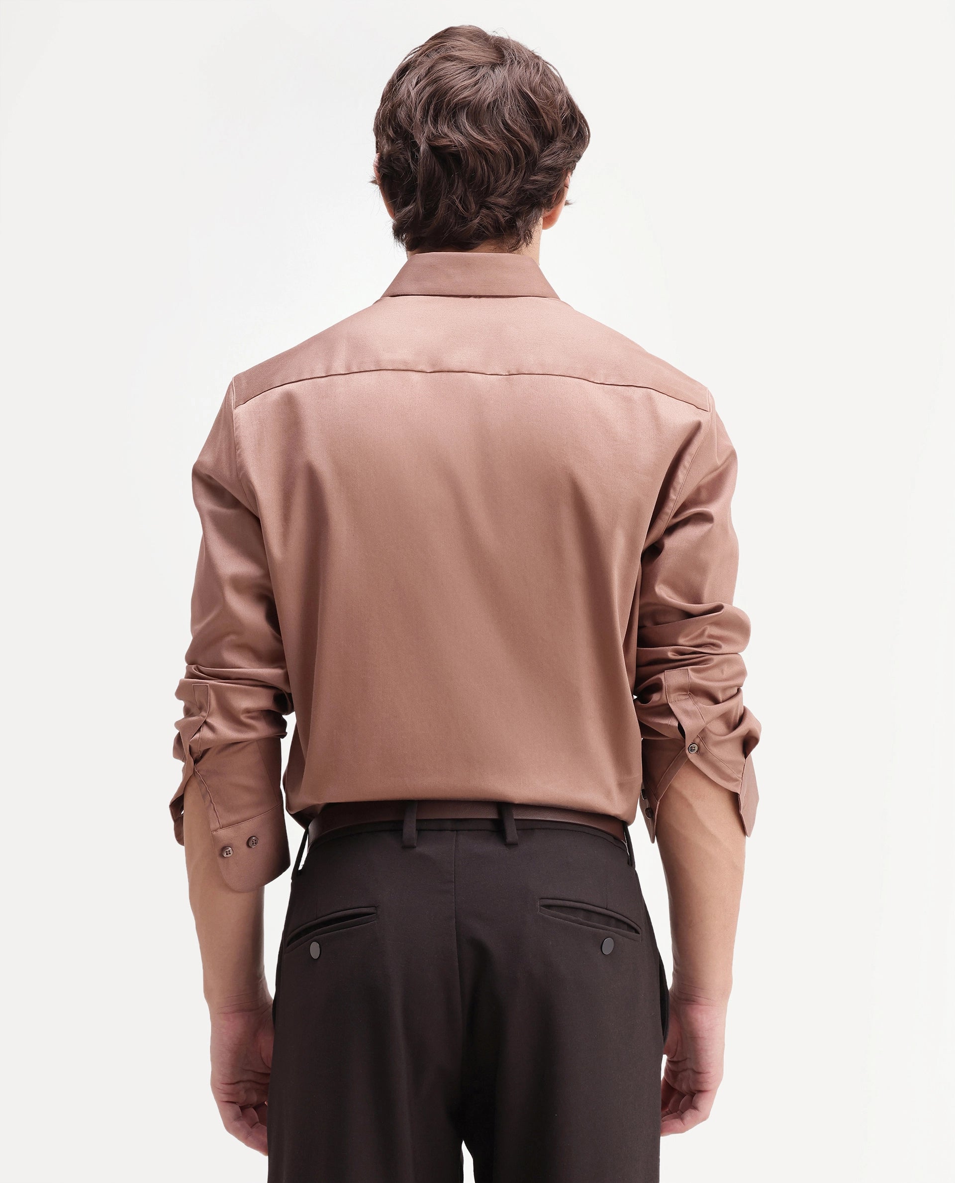 Rare Rabbit Men's Holla-Aw26 Light Brown Cotton Blend Spread Collar Regular Plain Shirt
