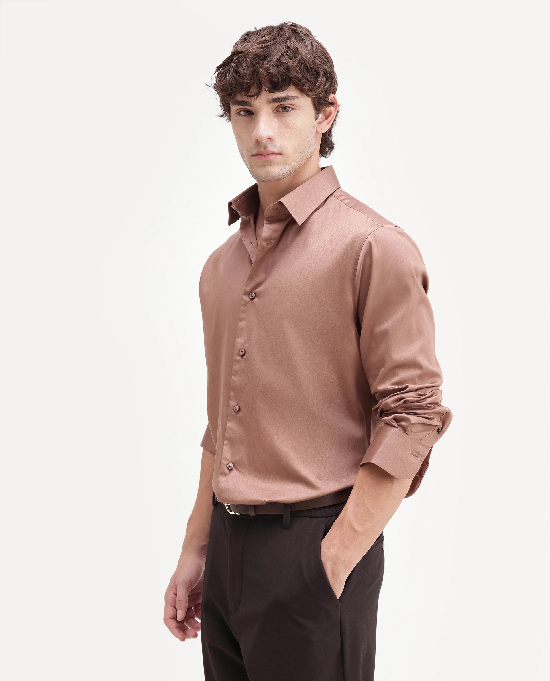 Rare Rabbit Men's Holla-Aw26 Light Brown Cotton Blend Spread Collar Regular Plain Shirt
