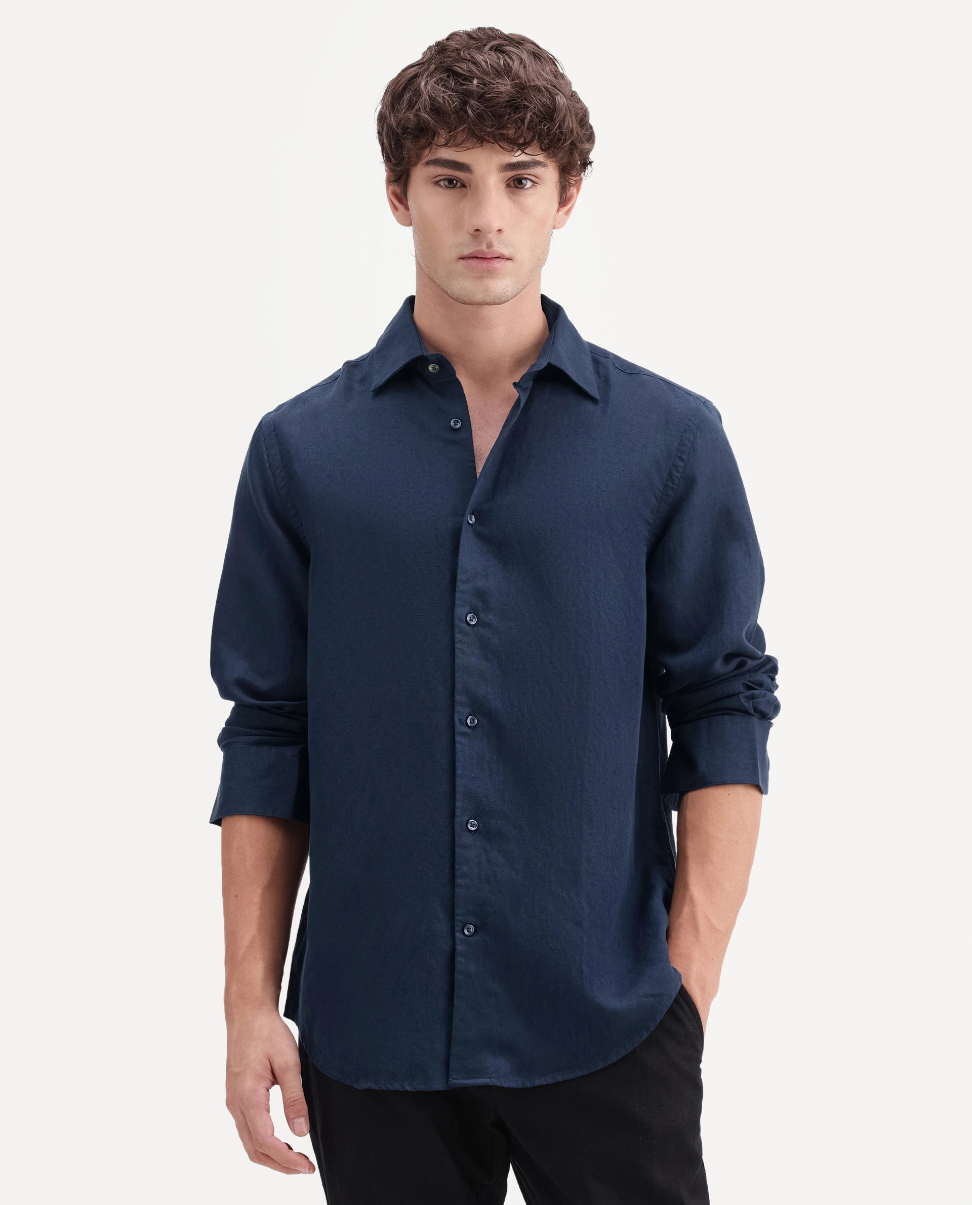 Rare Rabbit Men's Linex-Ls-Aw26 Dark Navy Linen Blend Spread Collar Regular Fit Plain Shirt