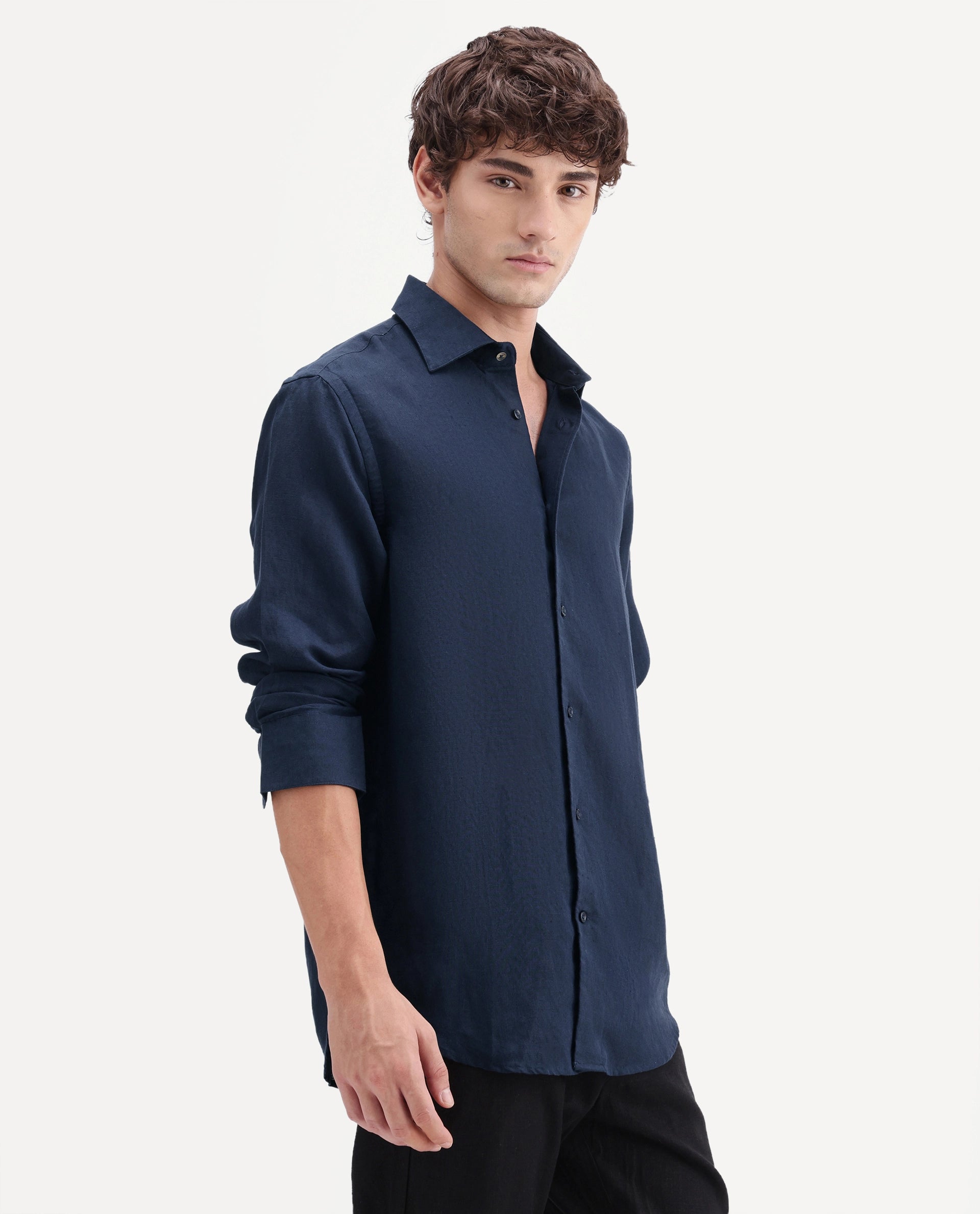Rare Rabbit Men's Linex-Ls-Aw26 Dark Navy Linen Blend Spread Collar Regular Fit Plain Shirt