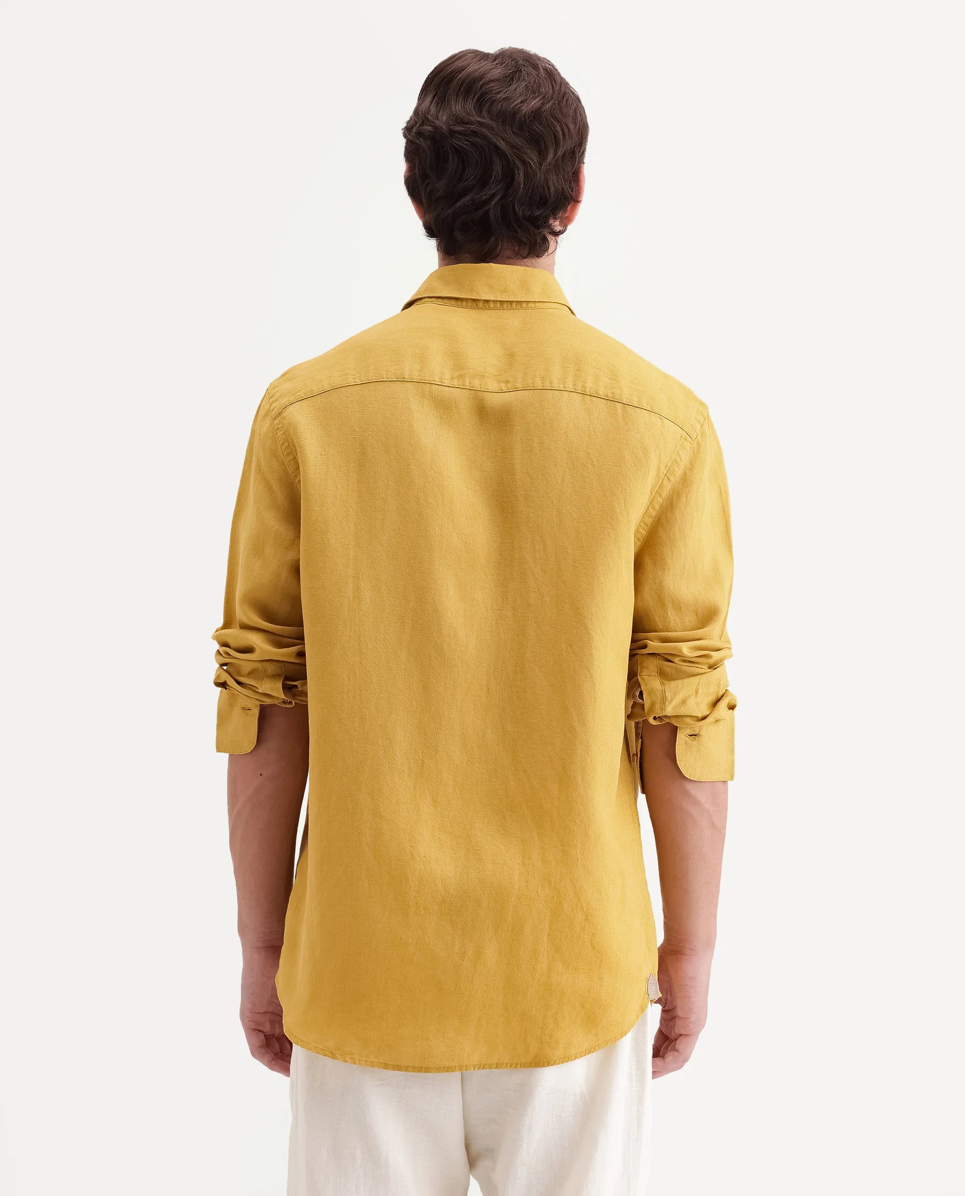 Rare Rabbit Men's Linex-Ls-Aw26 Dusky Mustard Linen Blend Spread Collar Regular Fit Plain Shirt