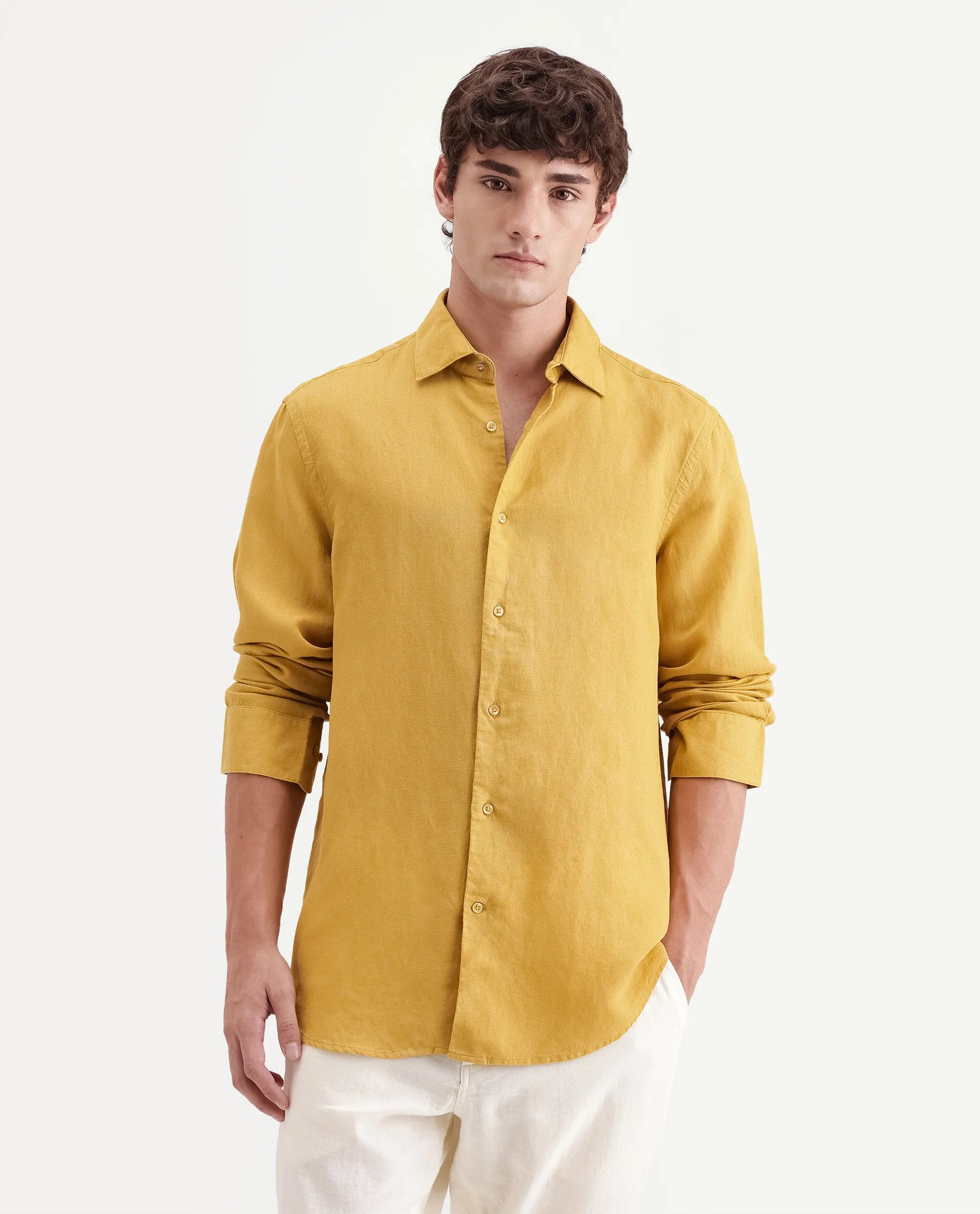 Rare Rabbit Men's Linex-Ls-Aw26 Dusky Mustard Linen Blend Spread Collar Regular Fit Plain Shirt