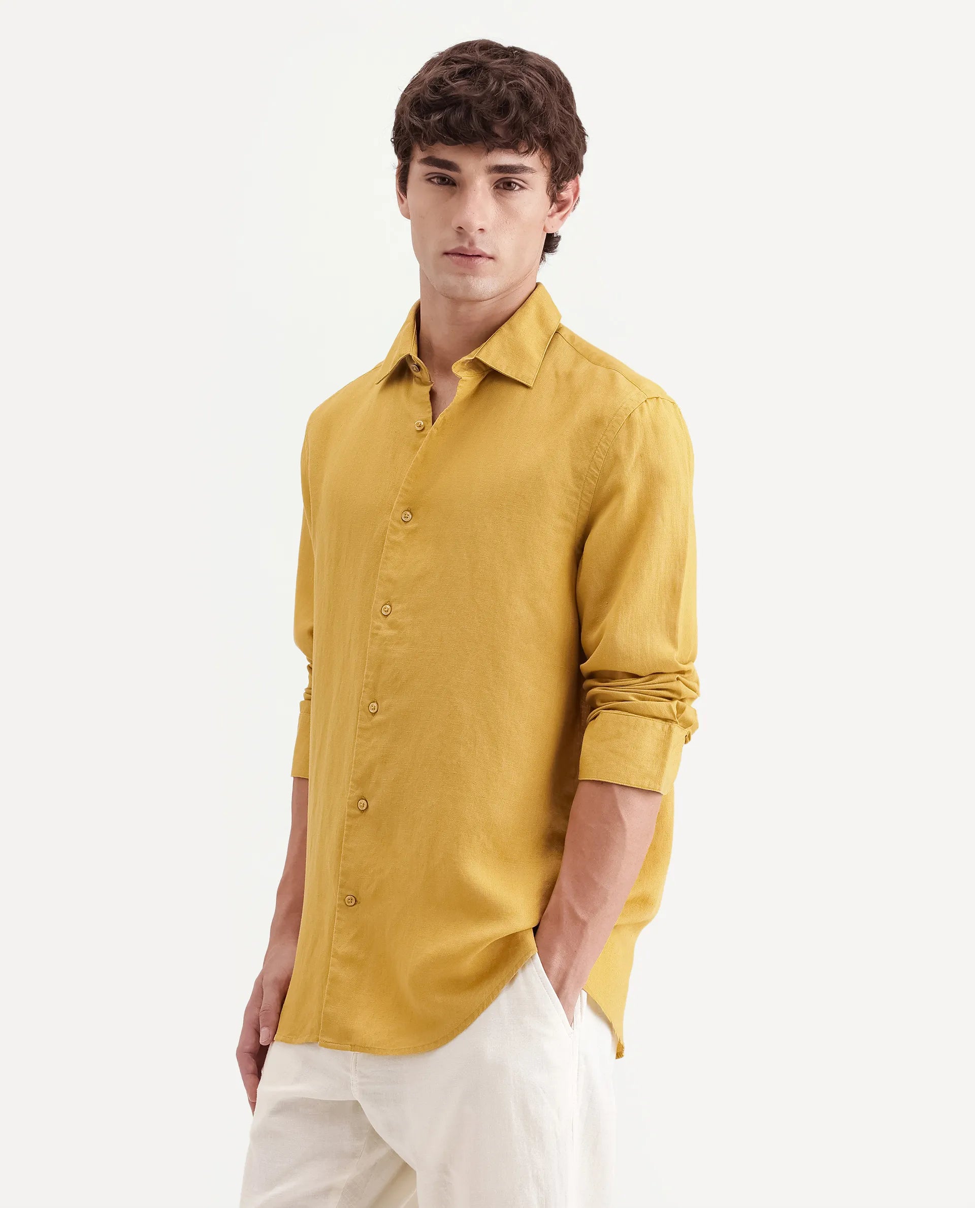Rare Rabbit Men's Linex-Ls-Aw26 Dusky Mustard Linen Blend Spread Collar Regular Fit Plain Shirt