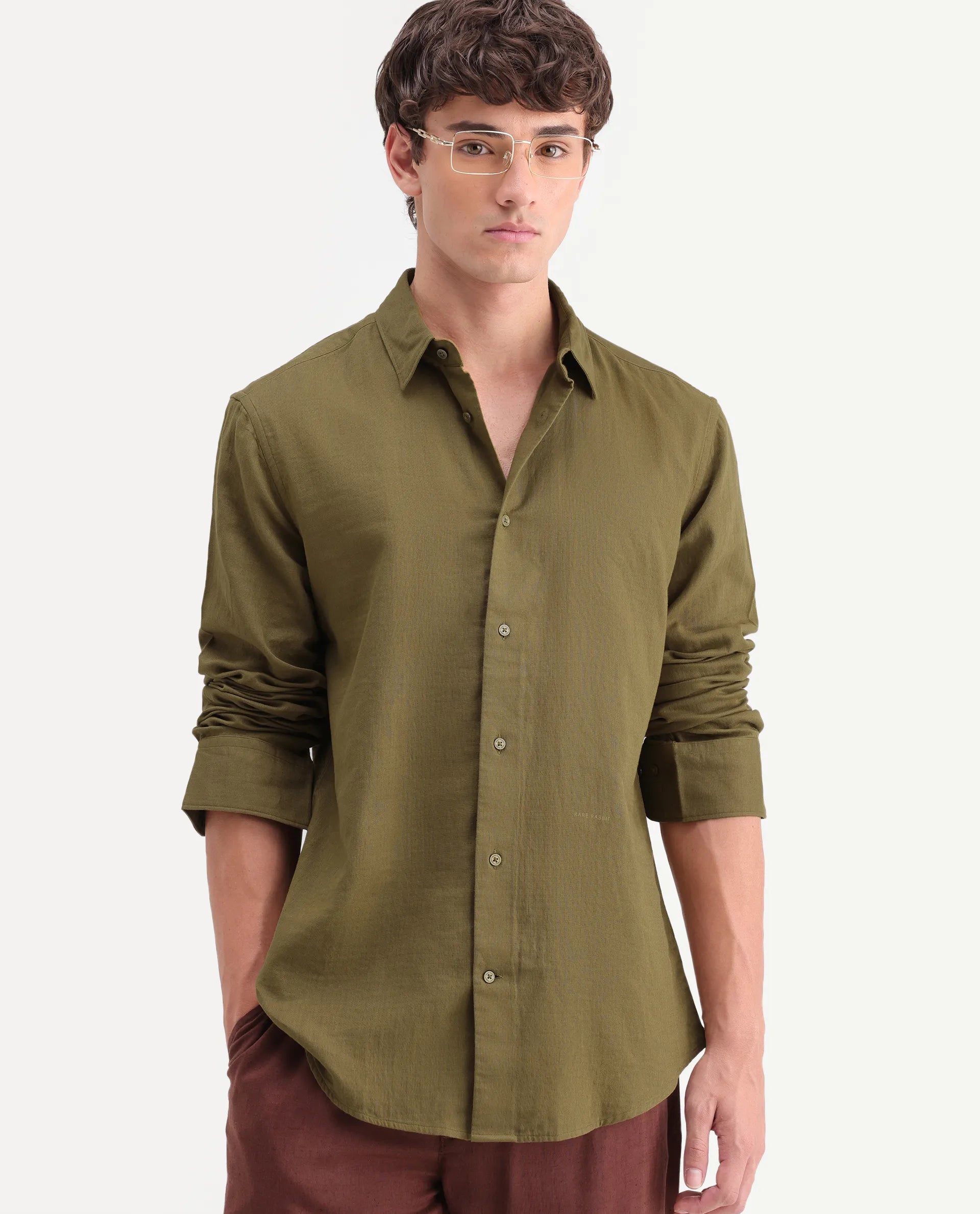 Rare Rabbit Men's Layer-Ls-Aw26 Dusky Green Cotton Spread Collar Regular Plain Shirt