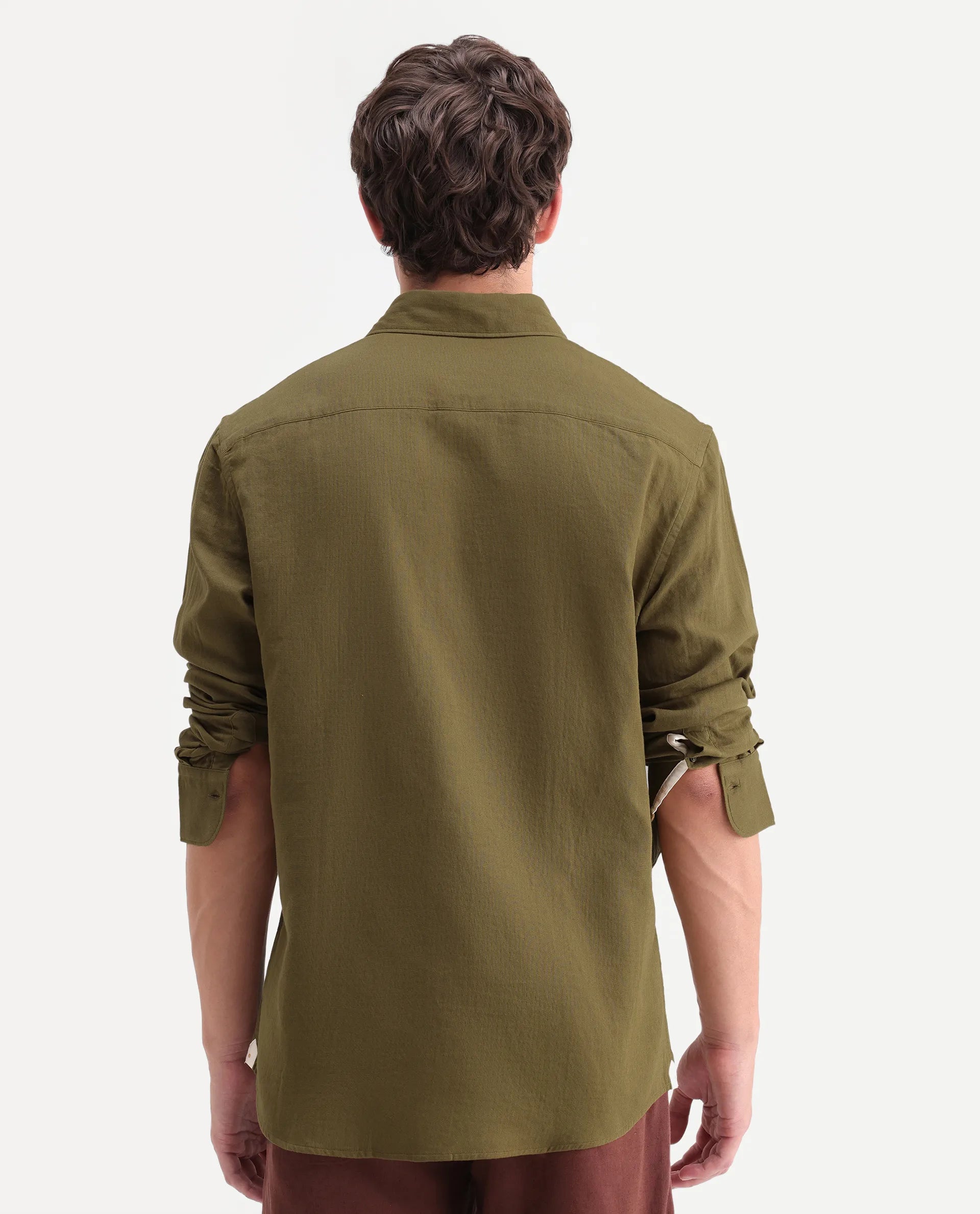 Rare Rabbit Men's Layer-Ls-Aw26 Dusky Green Cotton Spread Collar Regular Plain Shirt